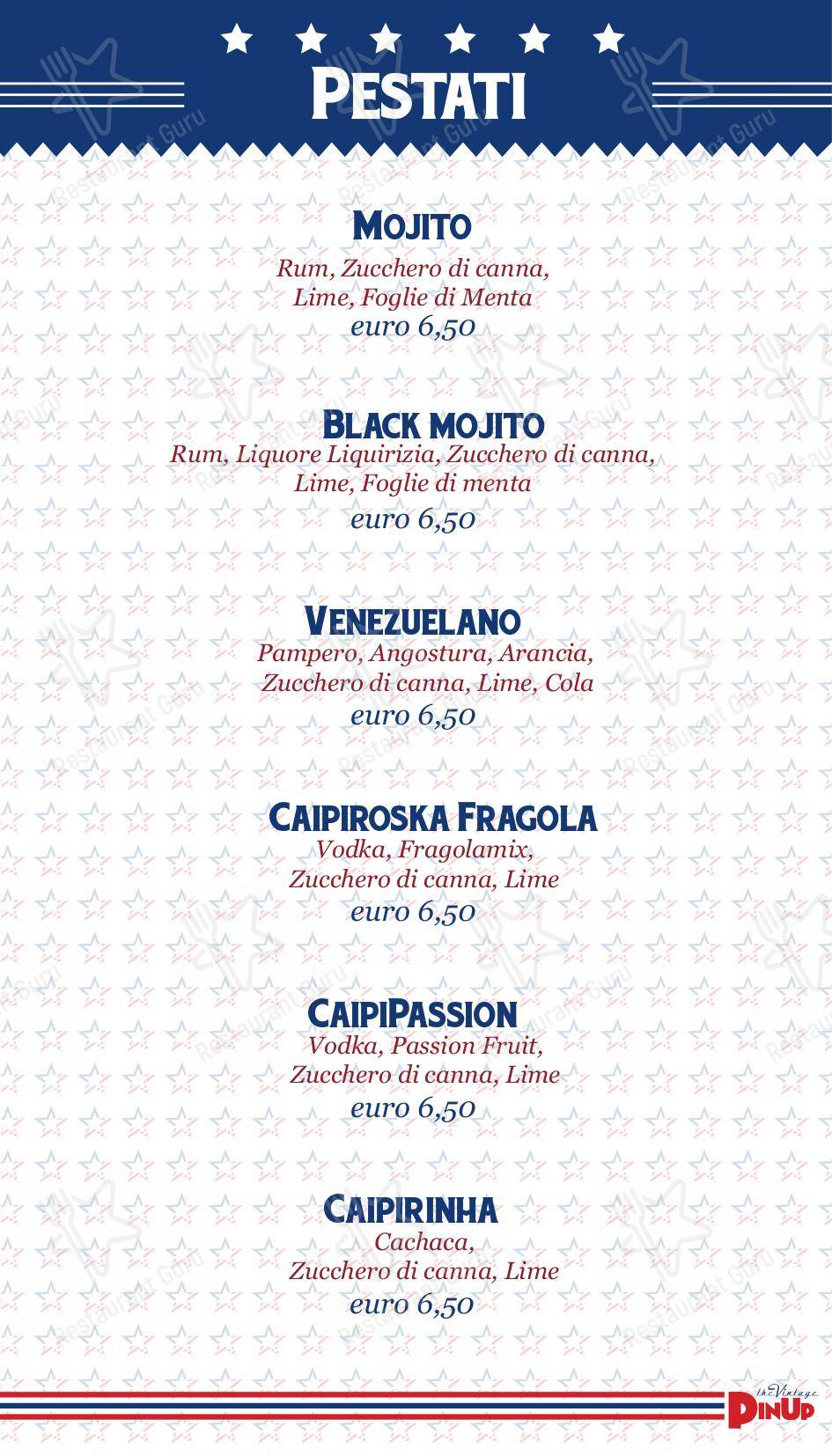 Menu bar per PinUp Pub in Volpago del Montello