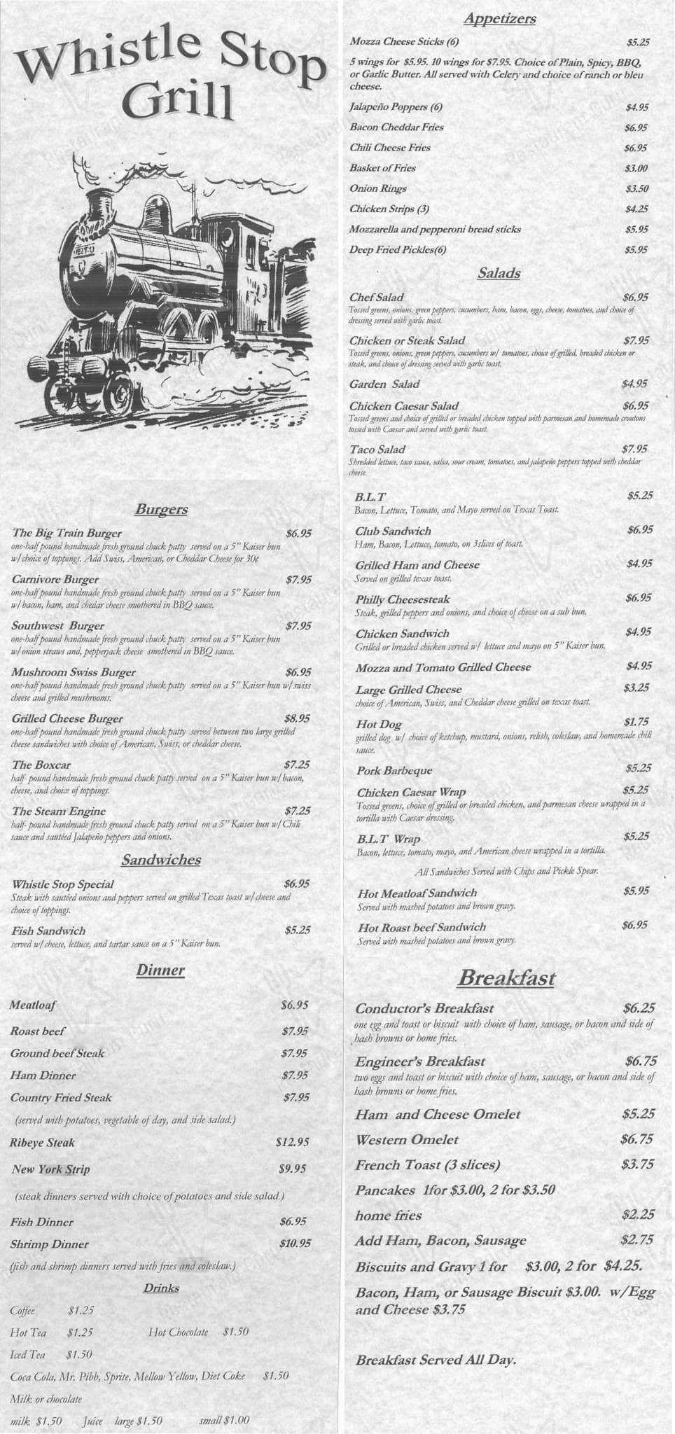 Menu at Whistle Stop Bar and Grill, Buckhannon