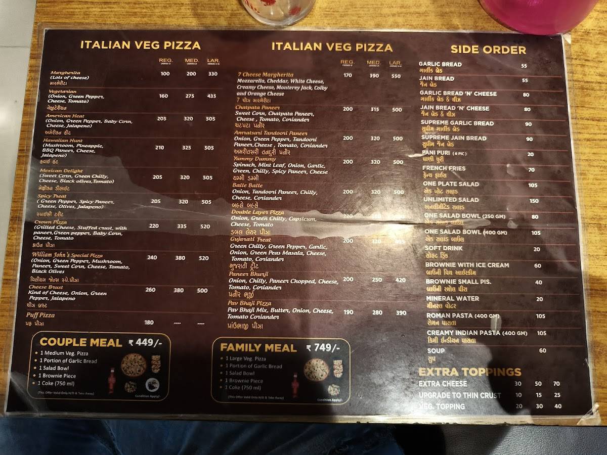 William John’s Pizza menu