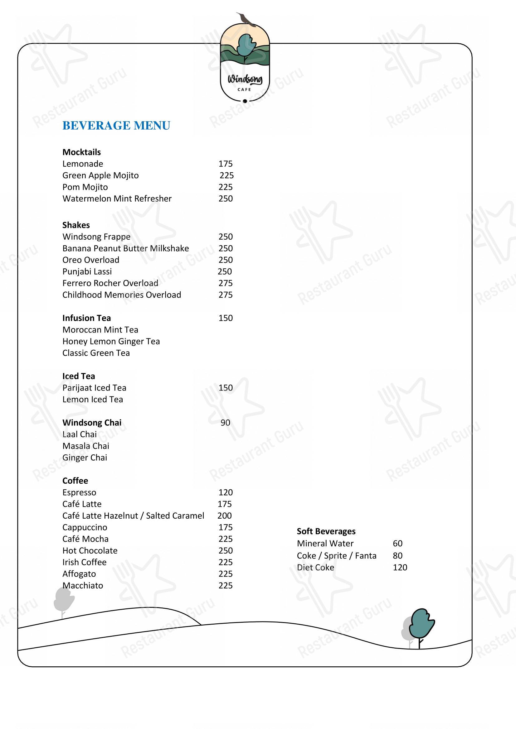 Menu for the Windsong cafe ৱিন্ড চং ক্যেফে restaurant