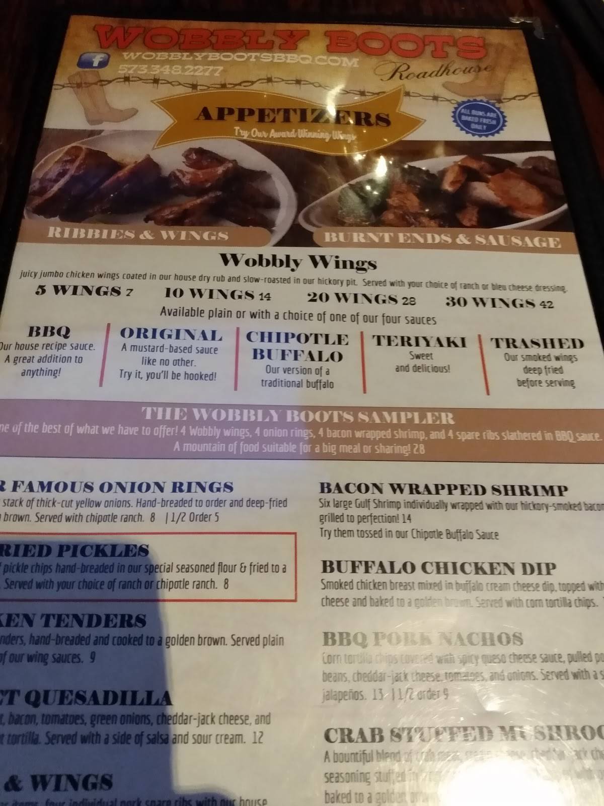 Menu at Wobbly Boots Roadhouse BBQ, Osage Beach