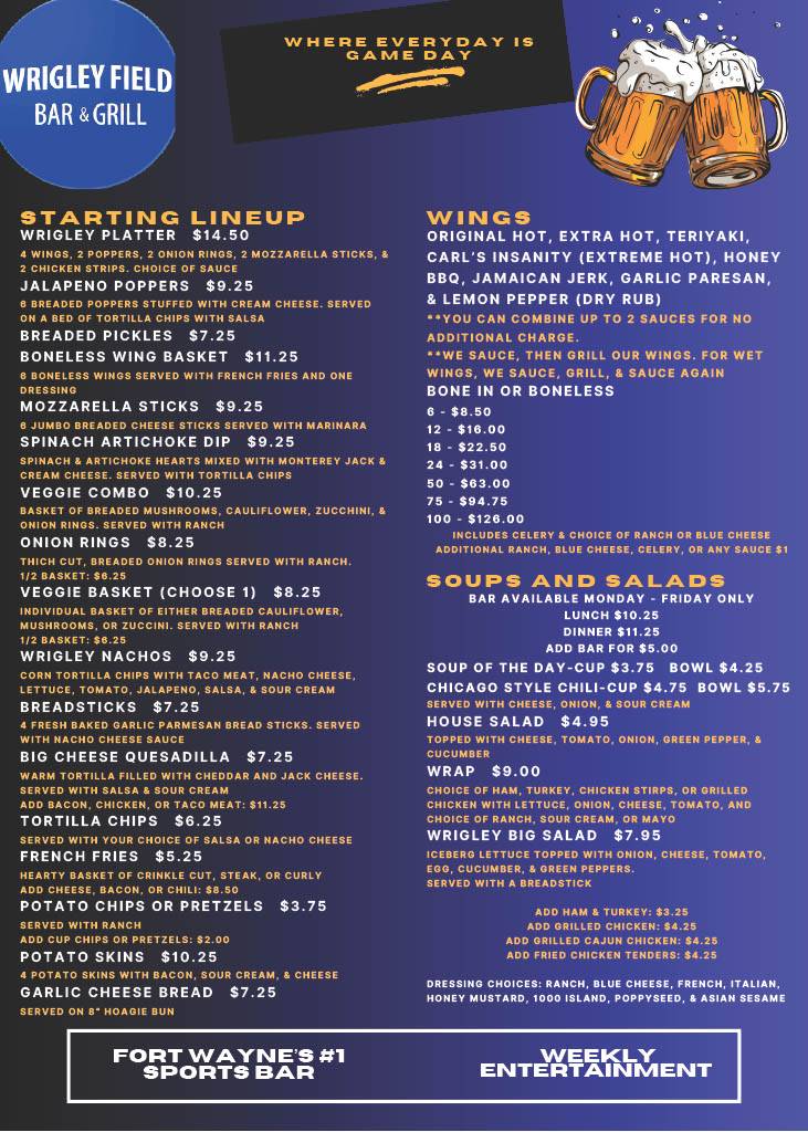 Menu at Wrigley Field Bar & Grill, Fort Wayne
