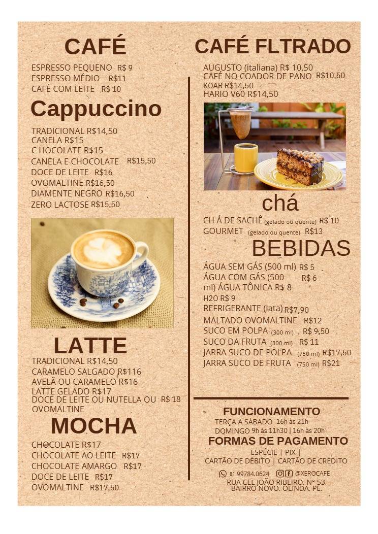 Xêro Café e Arte cardápio