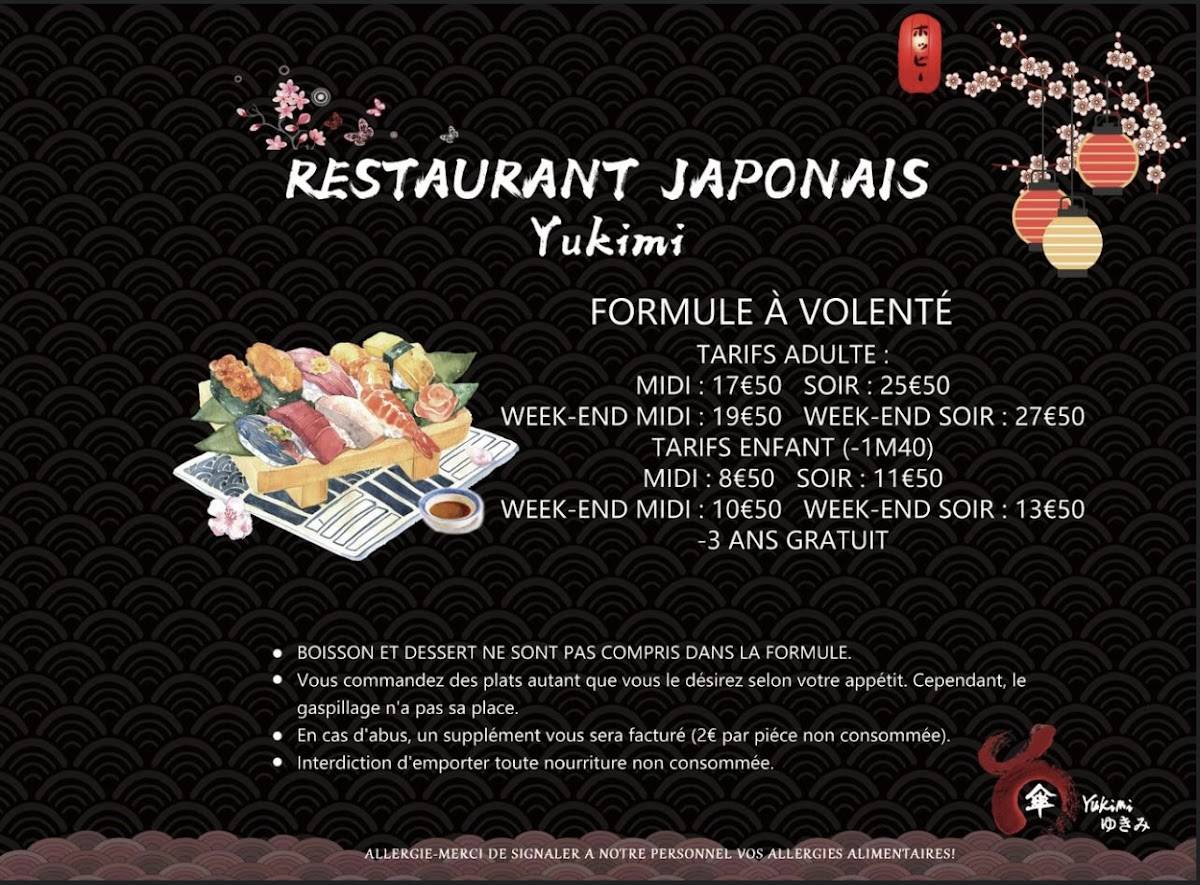 Menu at YUKIMI restaurant, Montpellier