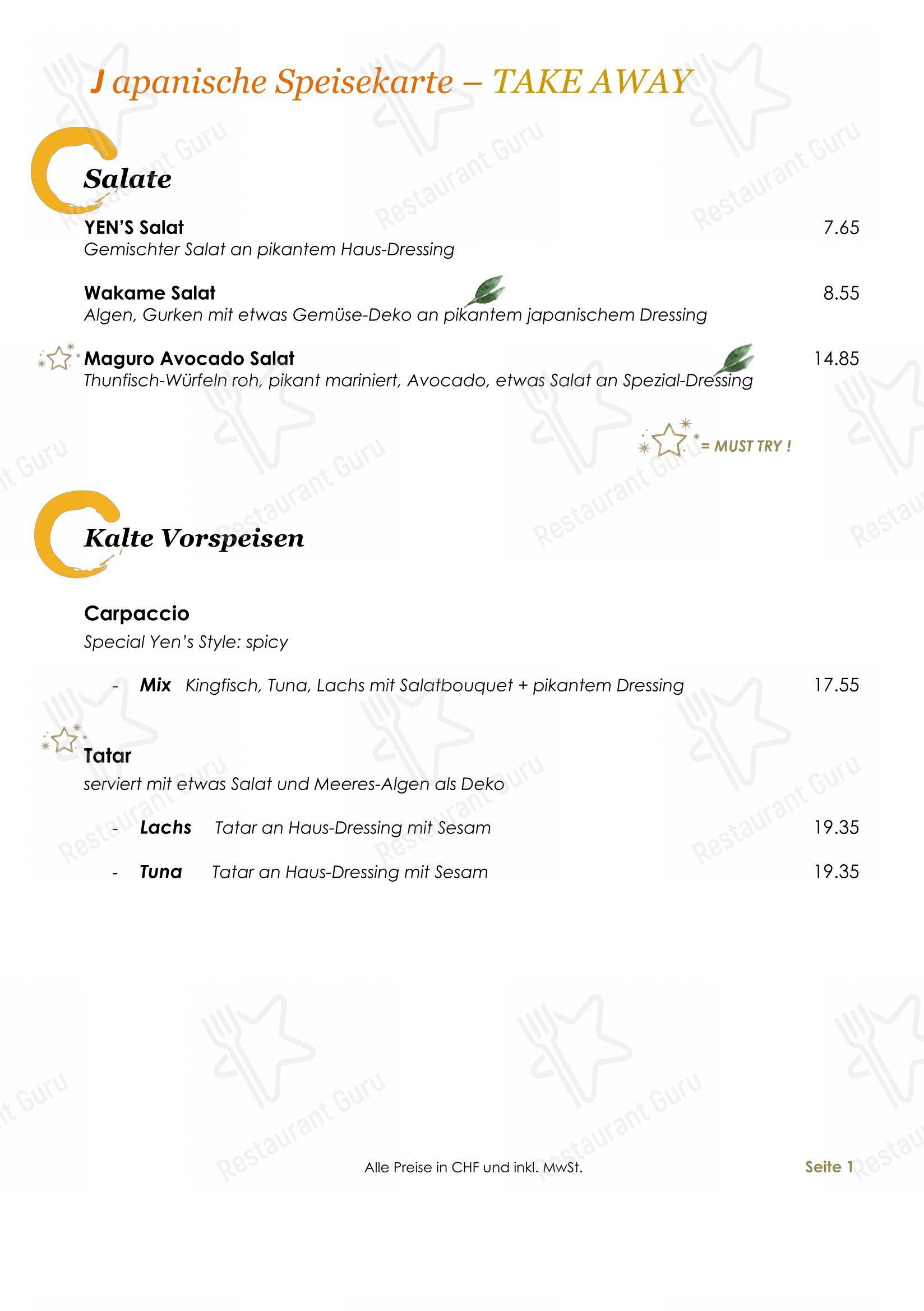 Menu per YEN'S Restaurant in Zurigo