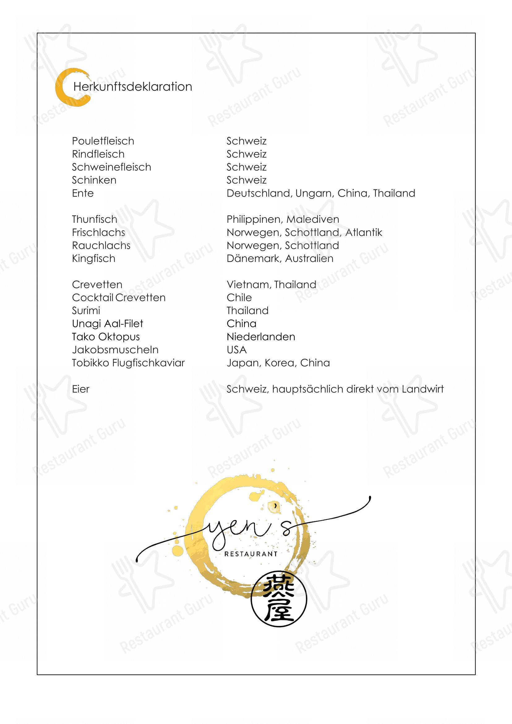 Menu per YEN'S Restaurant in Zurigo