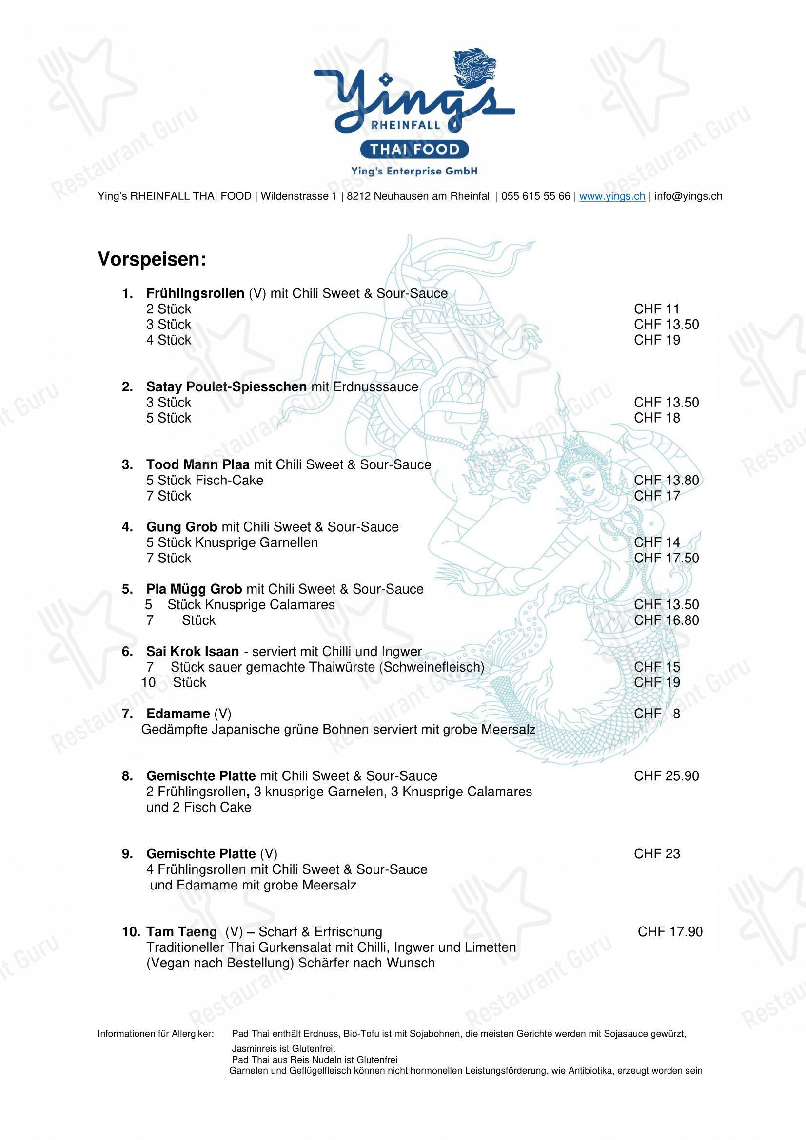 Ying’s RHEINFALL THAI FOOD in Neuhausen am Rheinfall - Основное меню