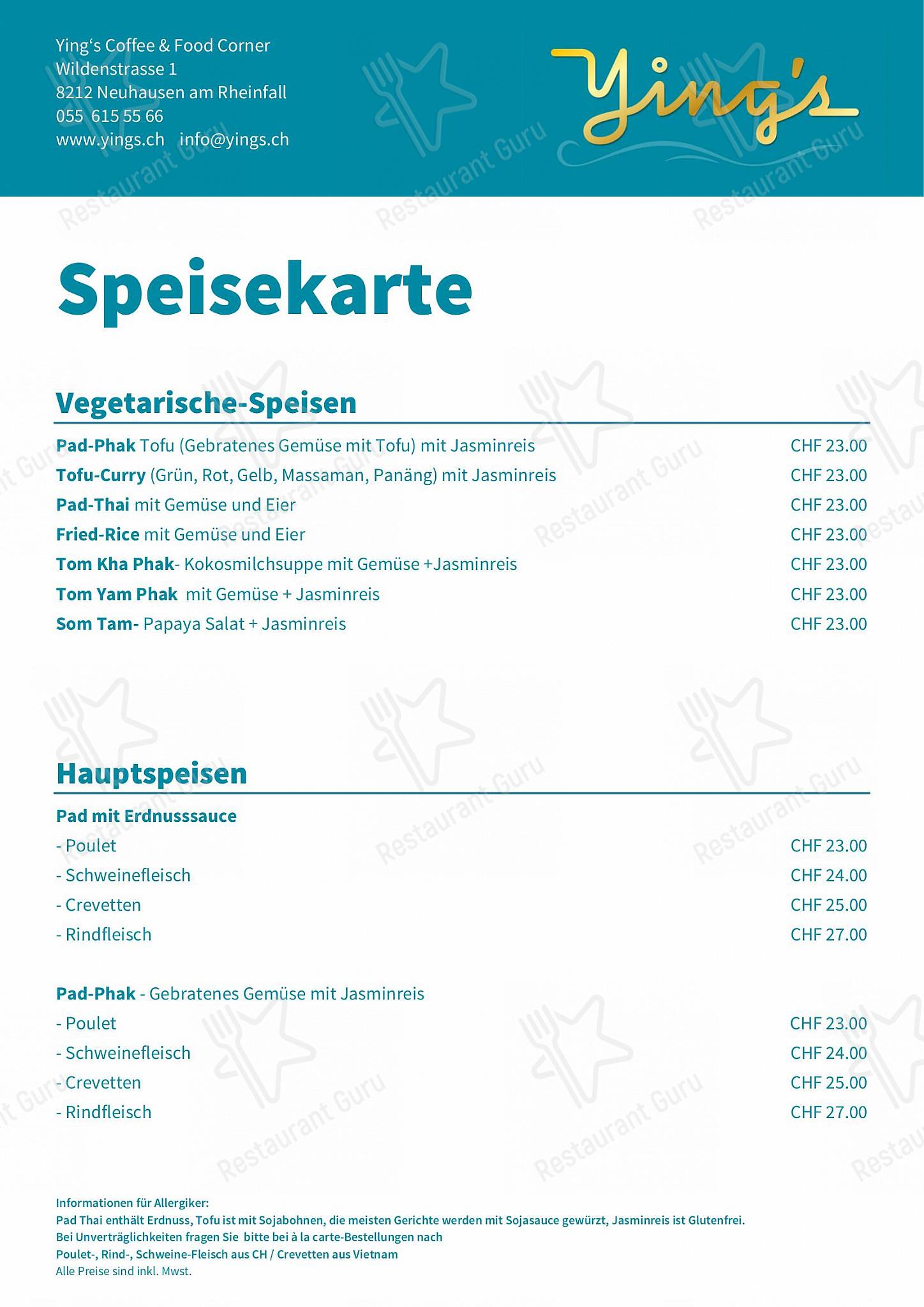 Ying’s RHEINFALL THAI FOOD in Neuhausen am Rheinfall - Lunch Menu