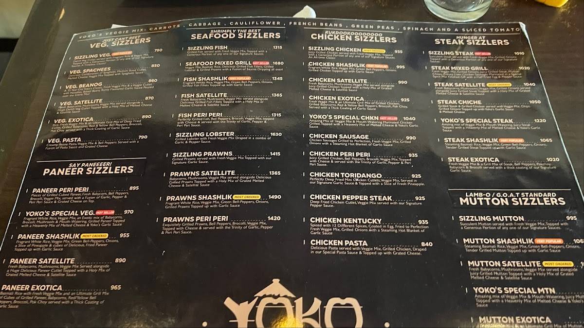 Yoko Sizzlers menu