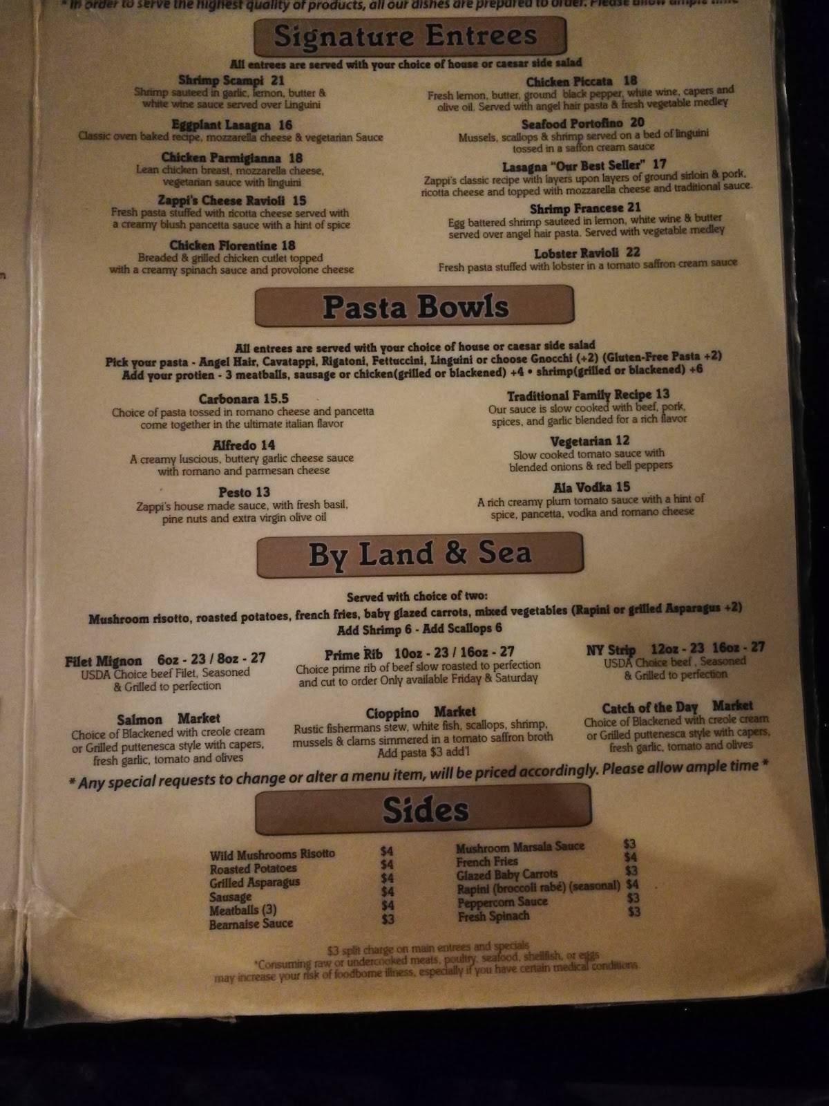 Menu at Zappi's Italian Garden pizzeria, Daytona Beach