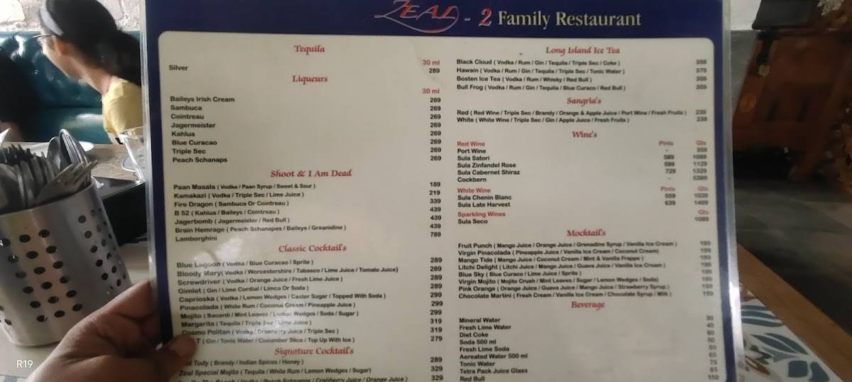 Zeal 2 Restaurant and Bar menu