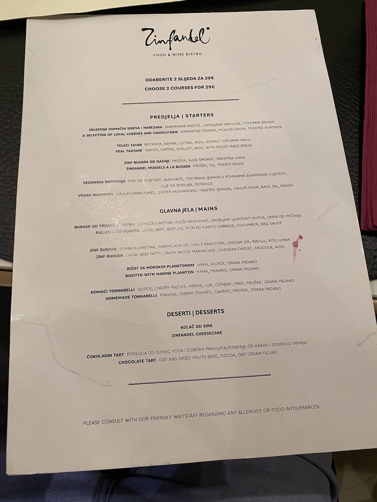 Menu di Zinfandel Food & Wine Bistro 