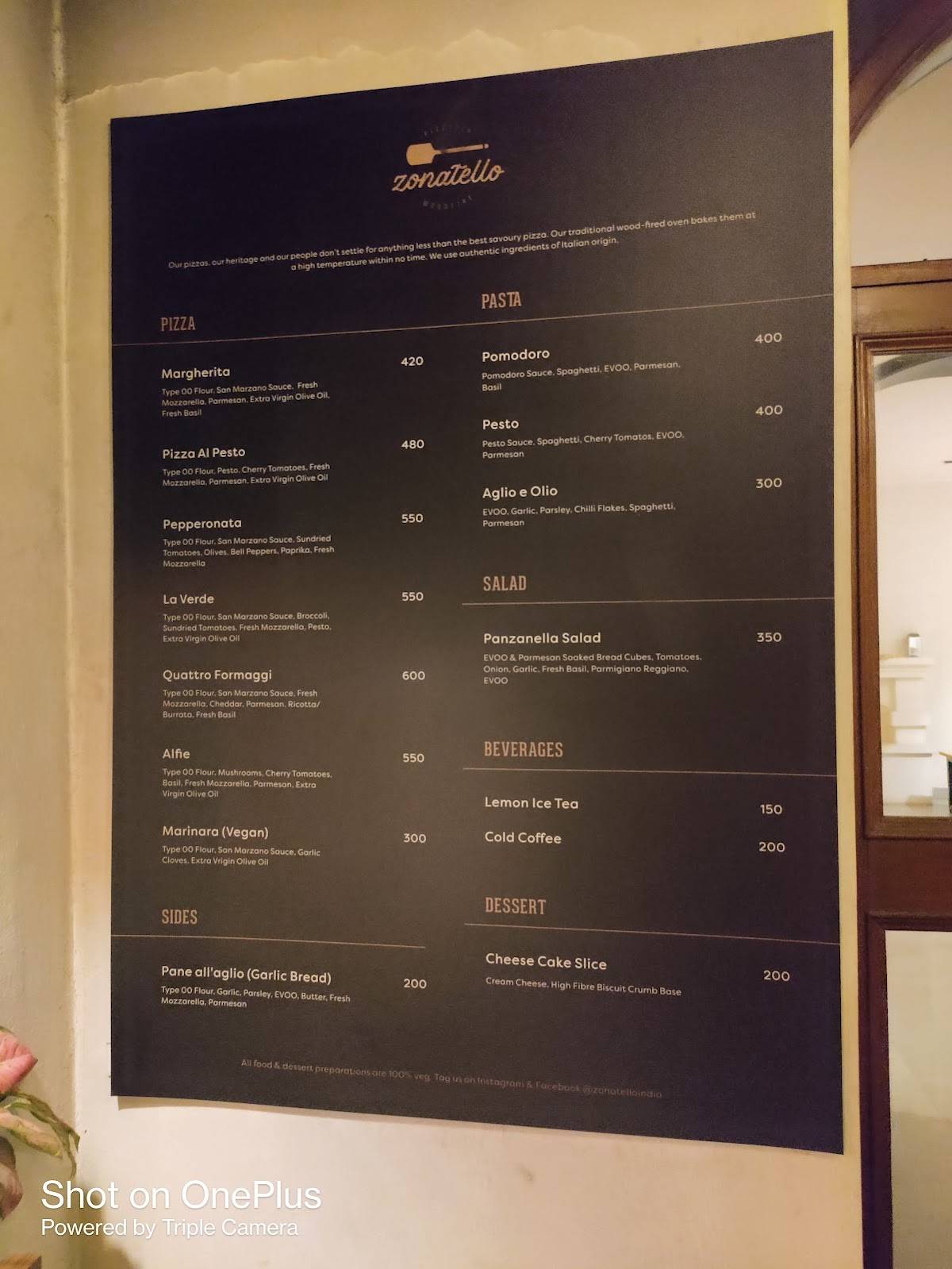 Zonatello Pizzeria menu