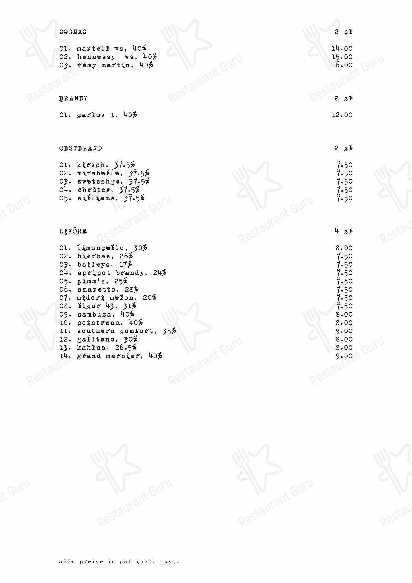 Cheyenne dans Zürich - Dinner Menu