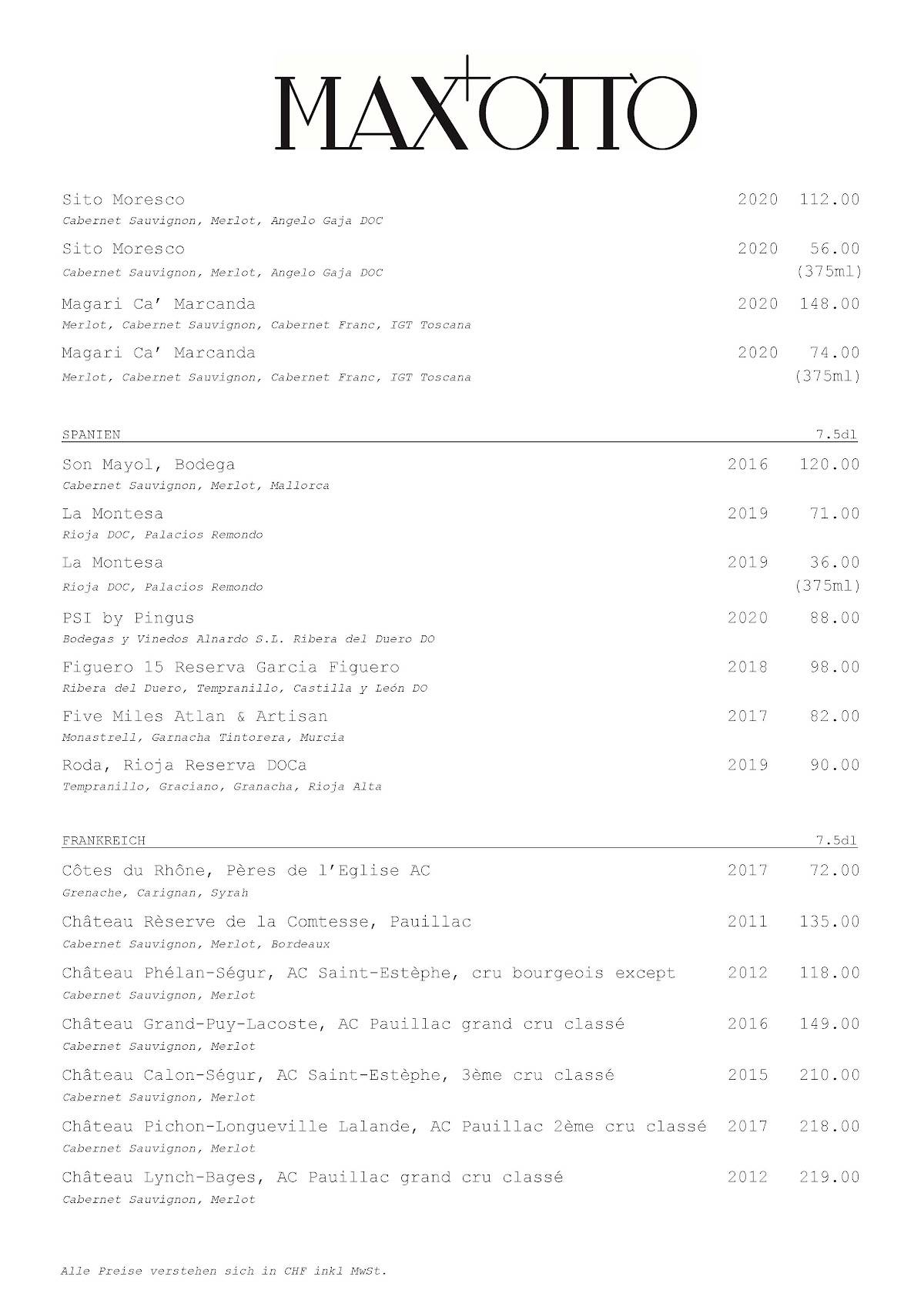 Menu di Max&Otto 