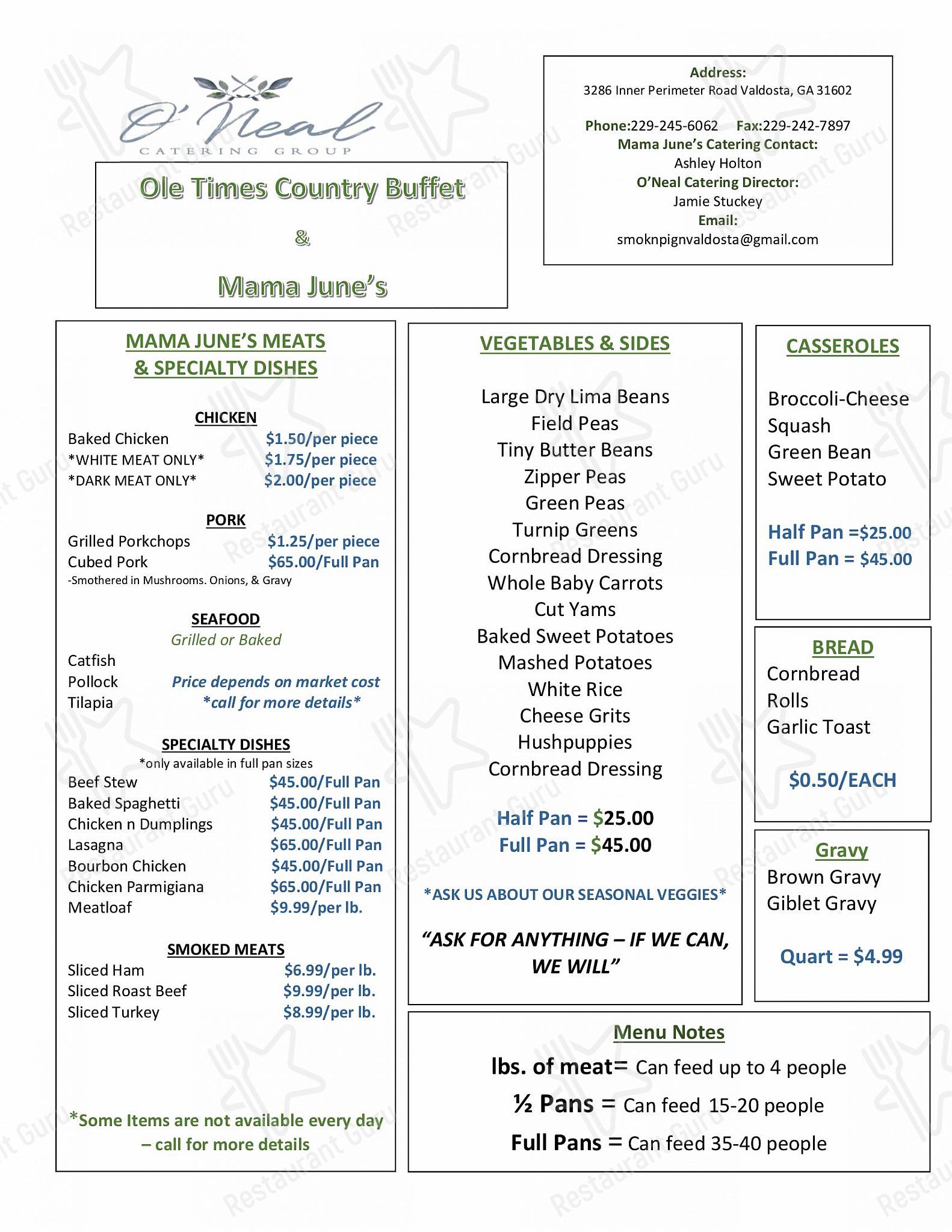 Menu at Ole Times Country Buffet restaurant, Macon, Gray Hwy