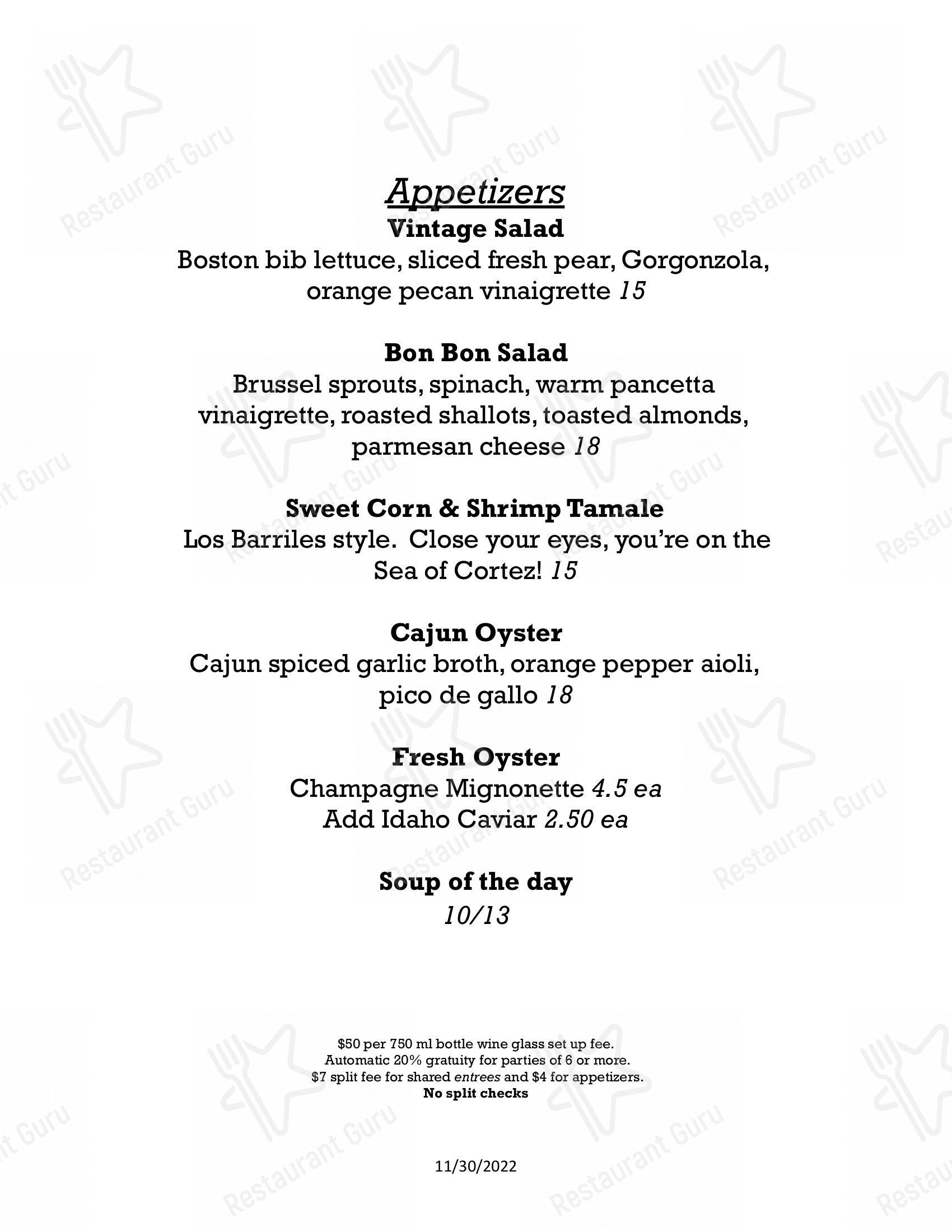 Menu at Vintage Restaurant, Ketchum