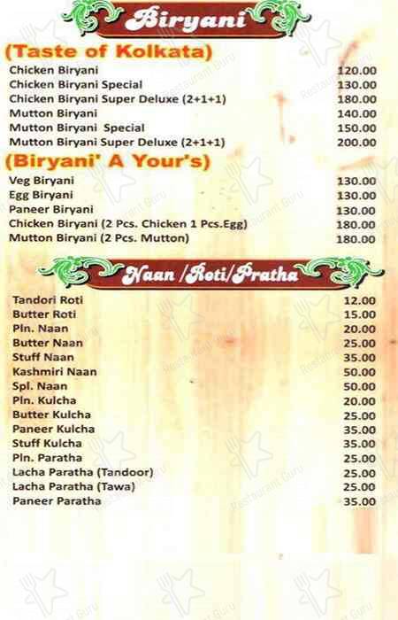 A Yours Family menu