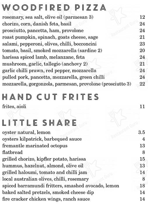 Little Creatures Brewery, Fremantle menu