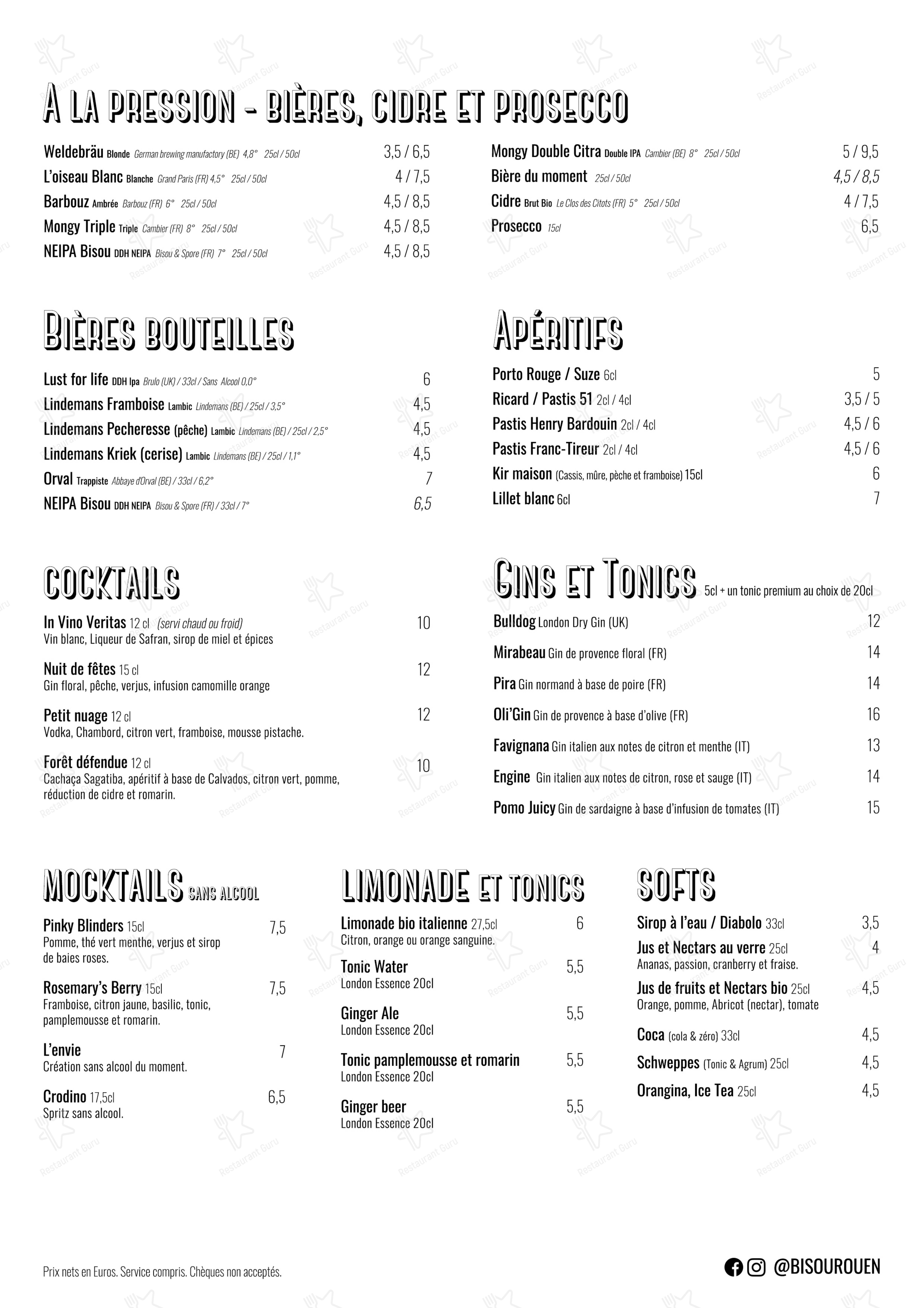 Menu pour Bisou restaurant