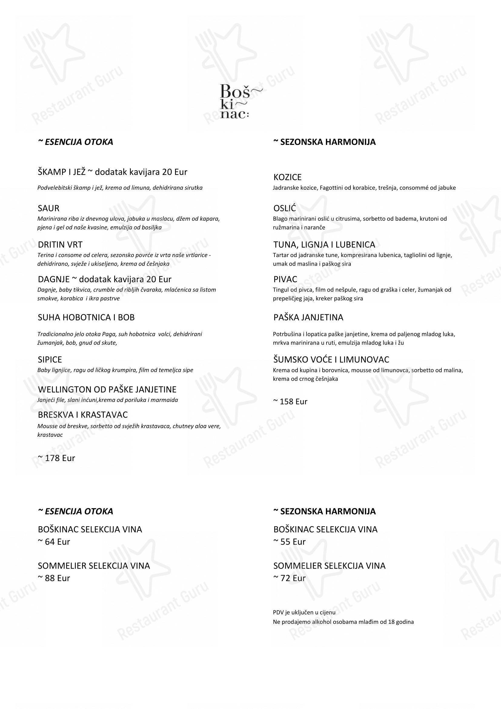 Menu per Boskinac pub & bar