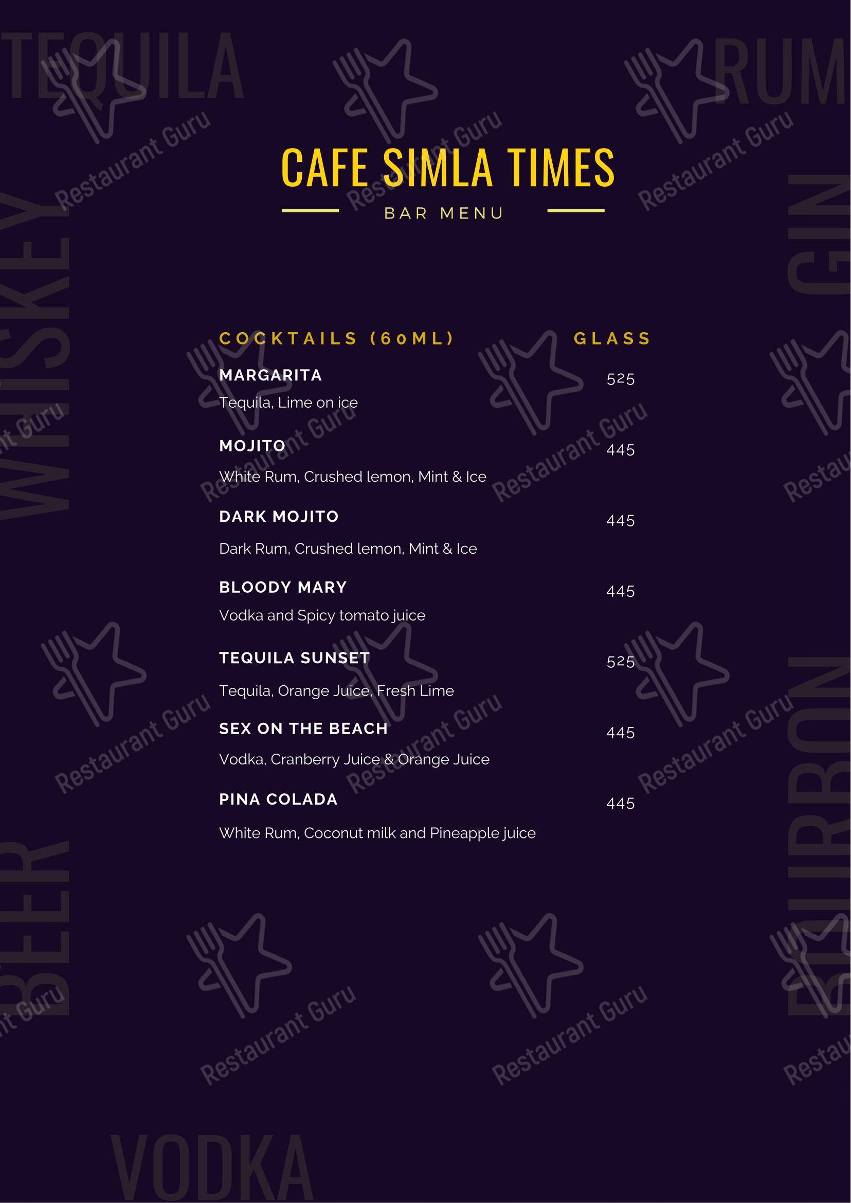 Menu for the Cafe Simla Times : Cafe, Biergarten & Bar on the Mall Road Shimla ( Awarded Most Instagrammable Cafe of Himachal) cafe