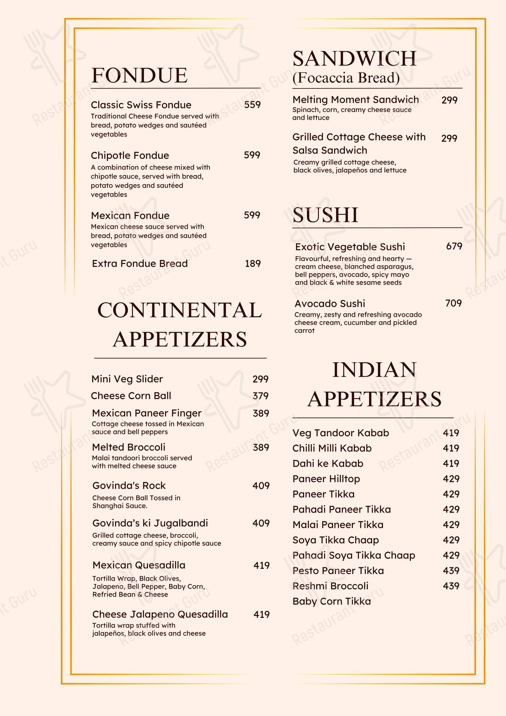Menu for the Govindas International- The Higher Taste restaurant