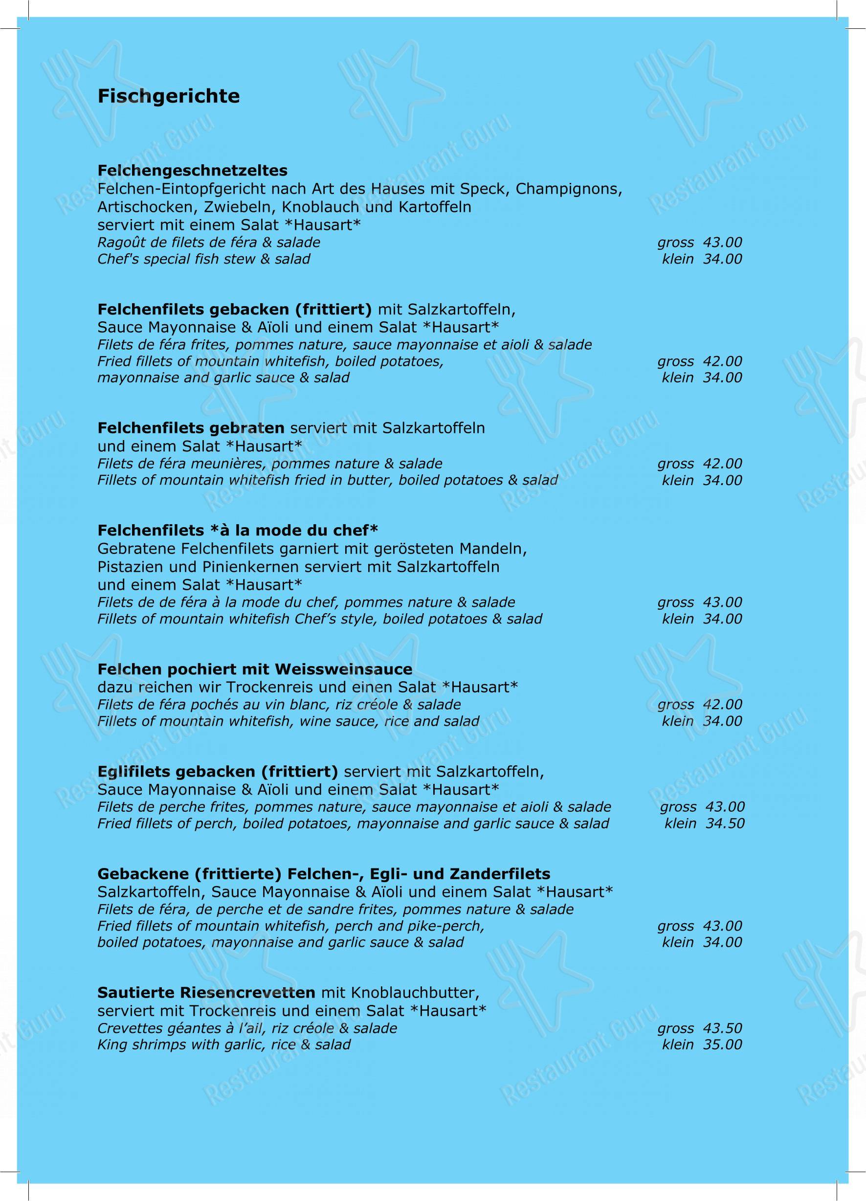 Menu per Hotel Chalet Du Lac ristorante