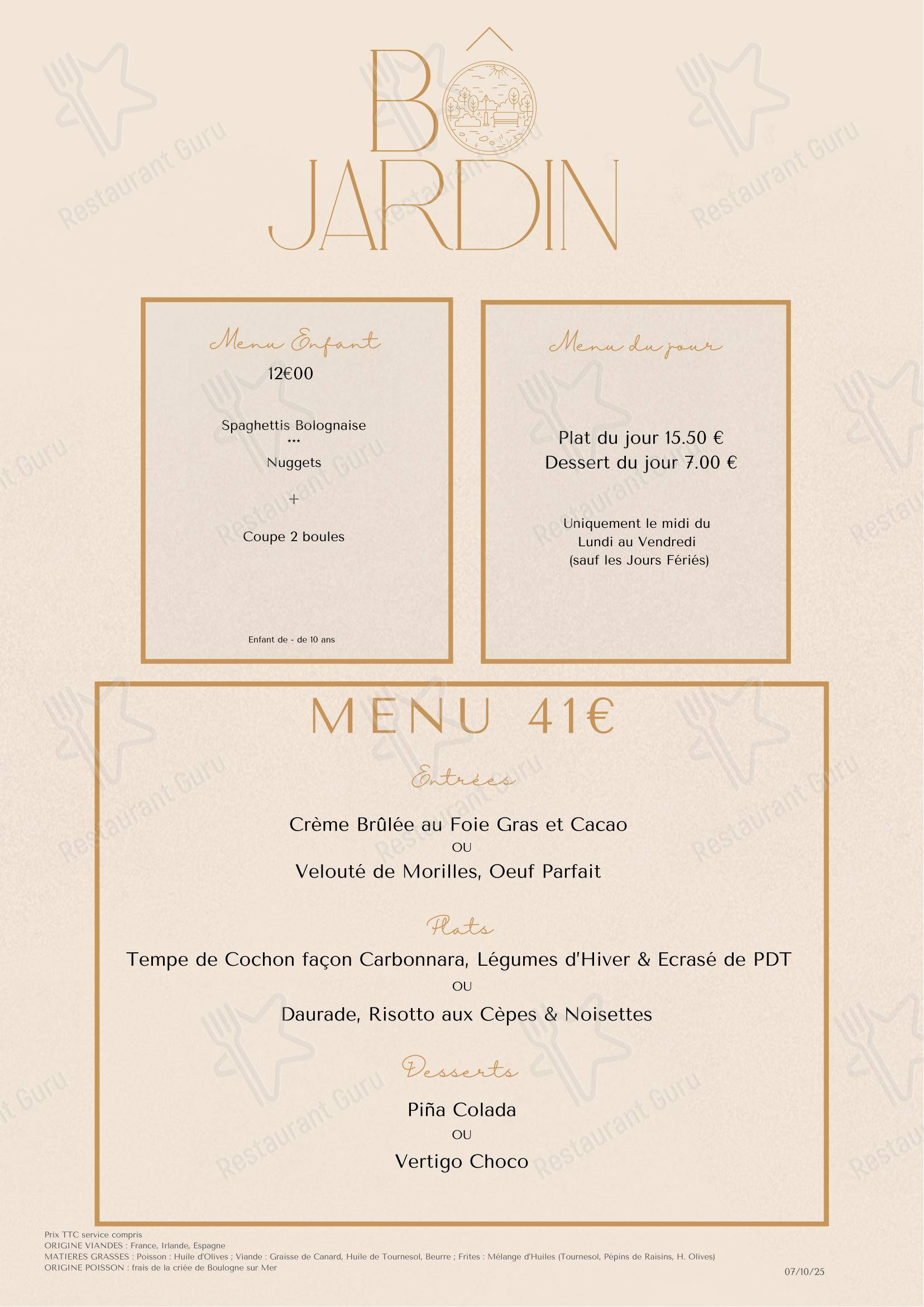 Menu pour Le Bô Jardin - Menu