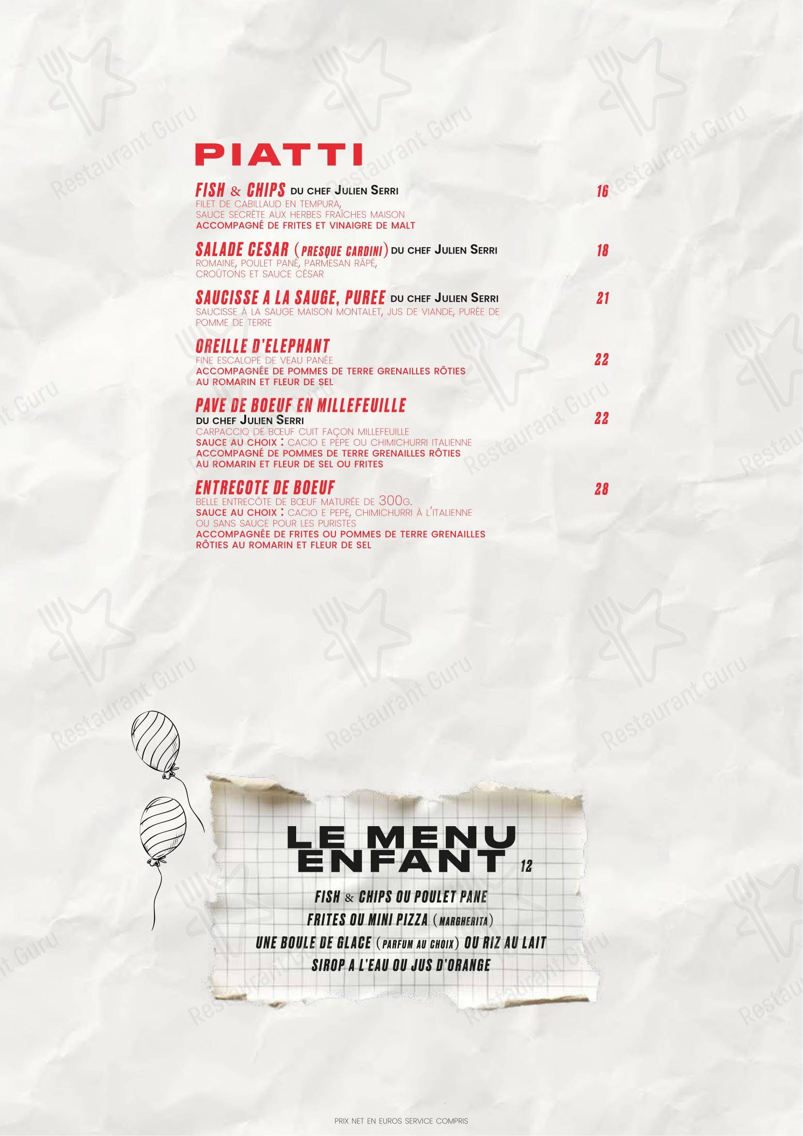 Menu pour Le Cirque - Beaubourg dans Paris