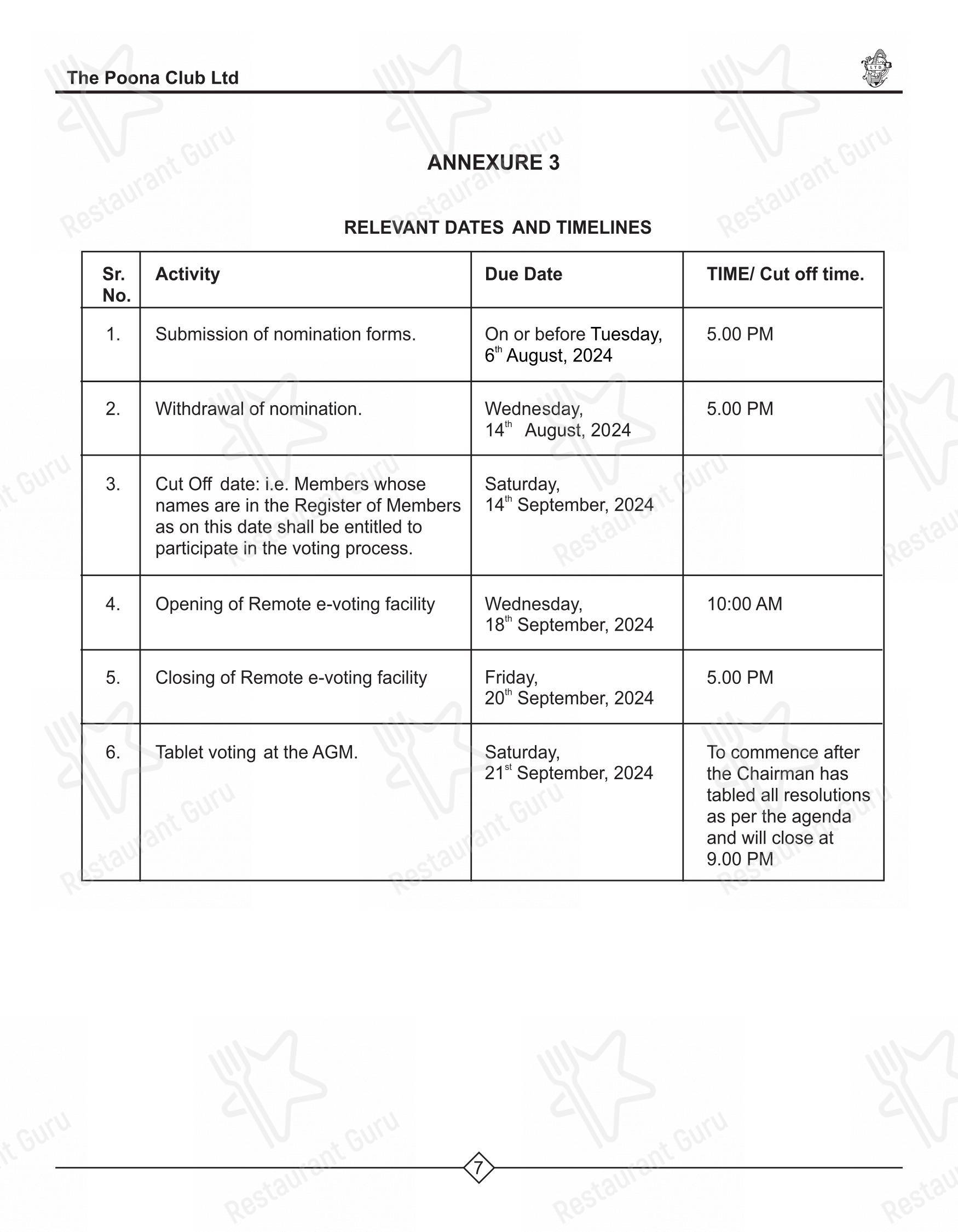 Menu bar for the Poona Club restaurant
