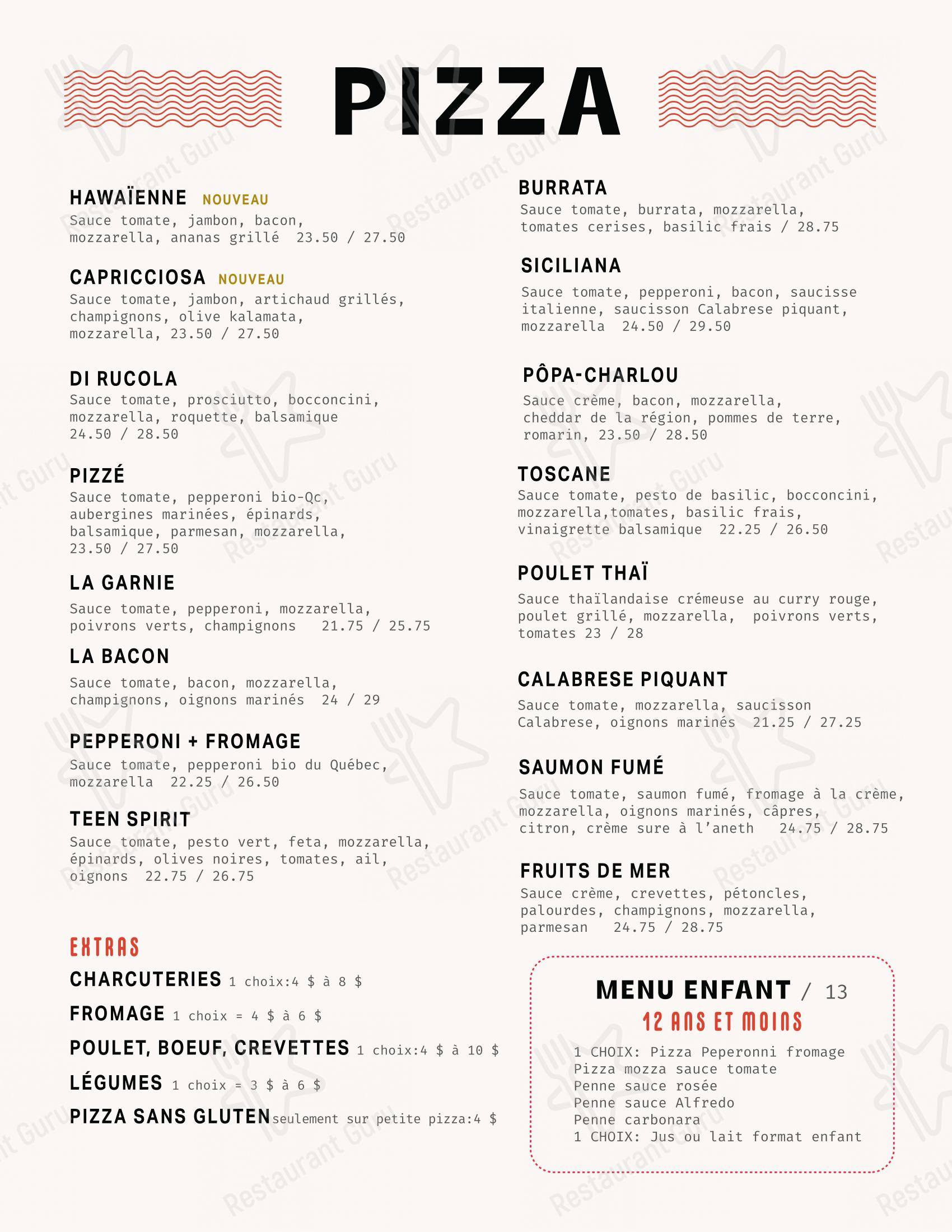 Menu bar pour Restaurant Pizzé restaurant à viande