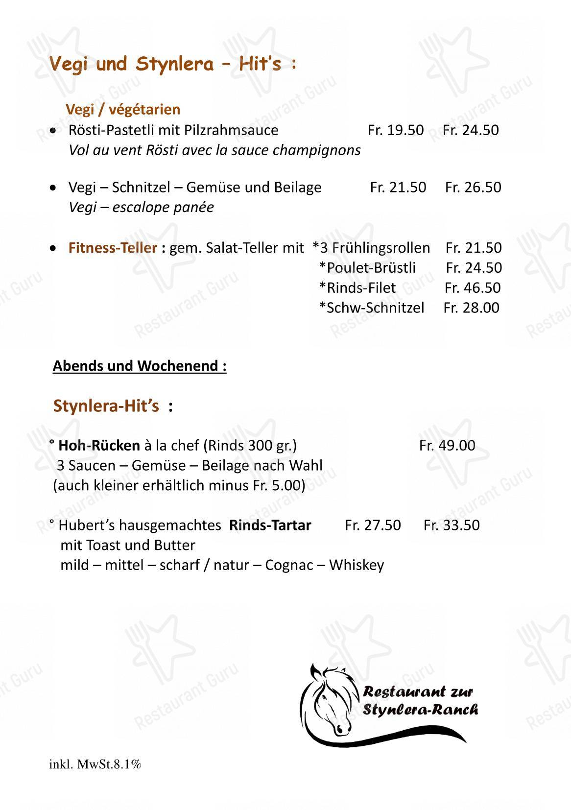 菜单 per Restaurant zur Stynlera-Ranch in Düdingen