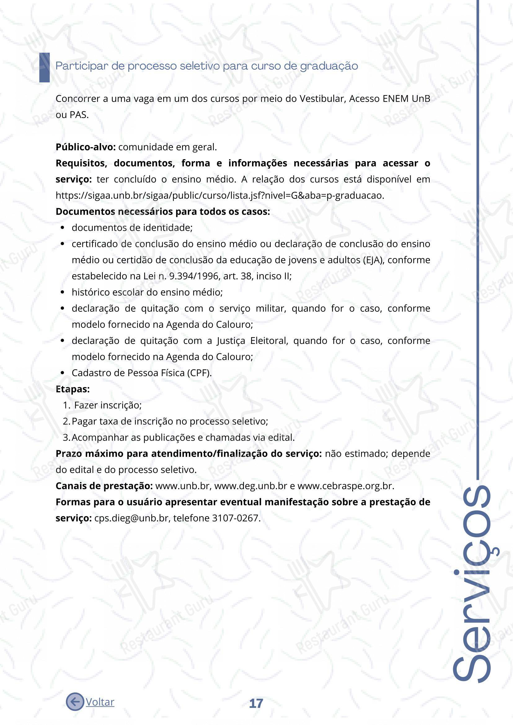 Основное меню para Restaurante Universitário - RU ISM GOMES DE MATTOS em Brasília