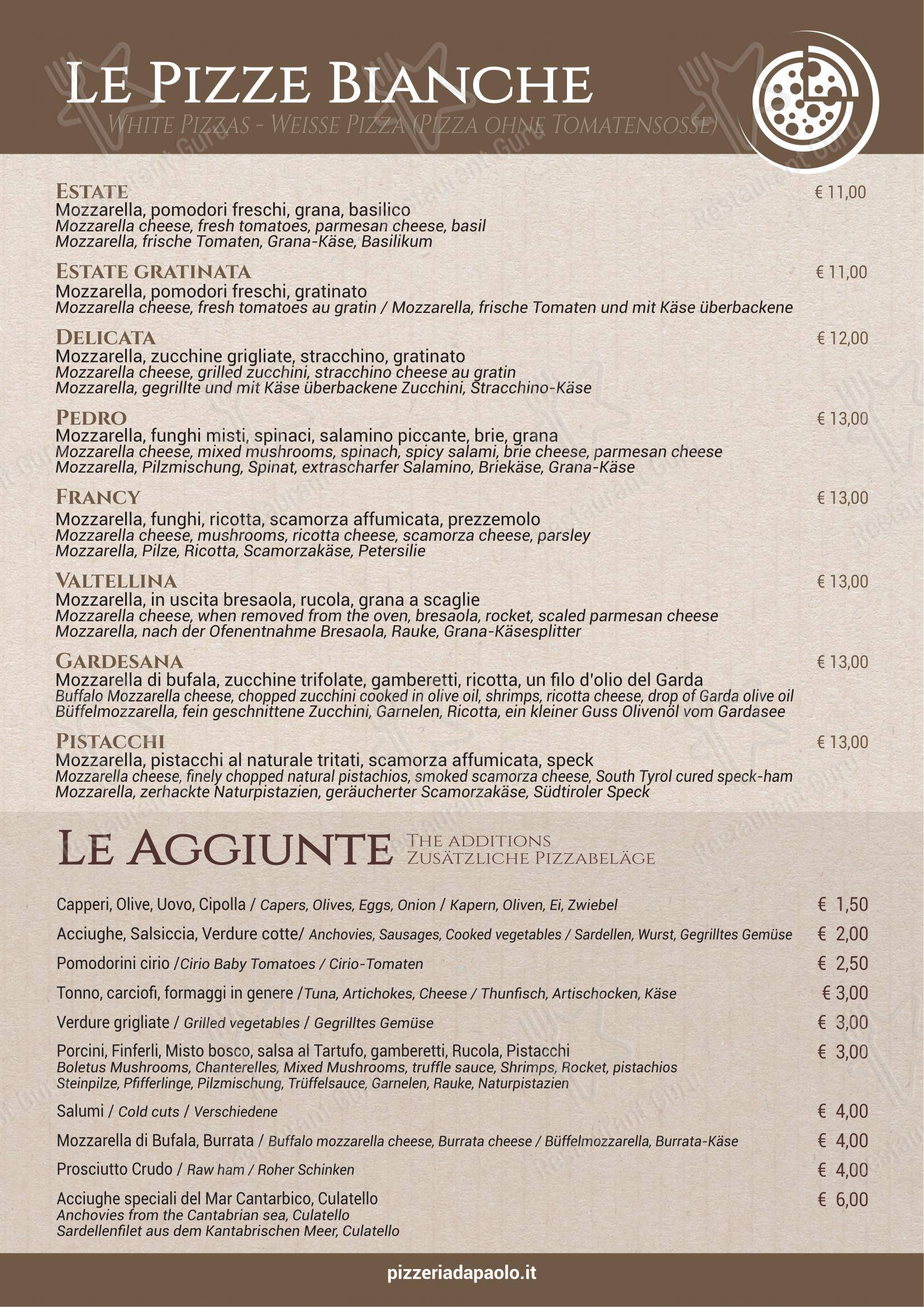 Menu per Ristorante Pizzeria Paolo - Hotel Antichi Cortili in Dossobuono