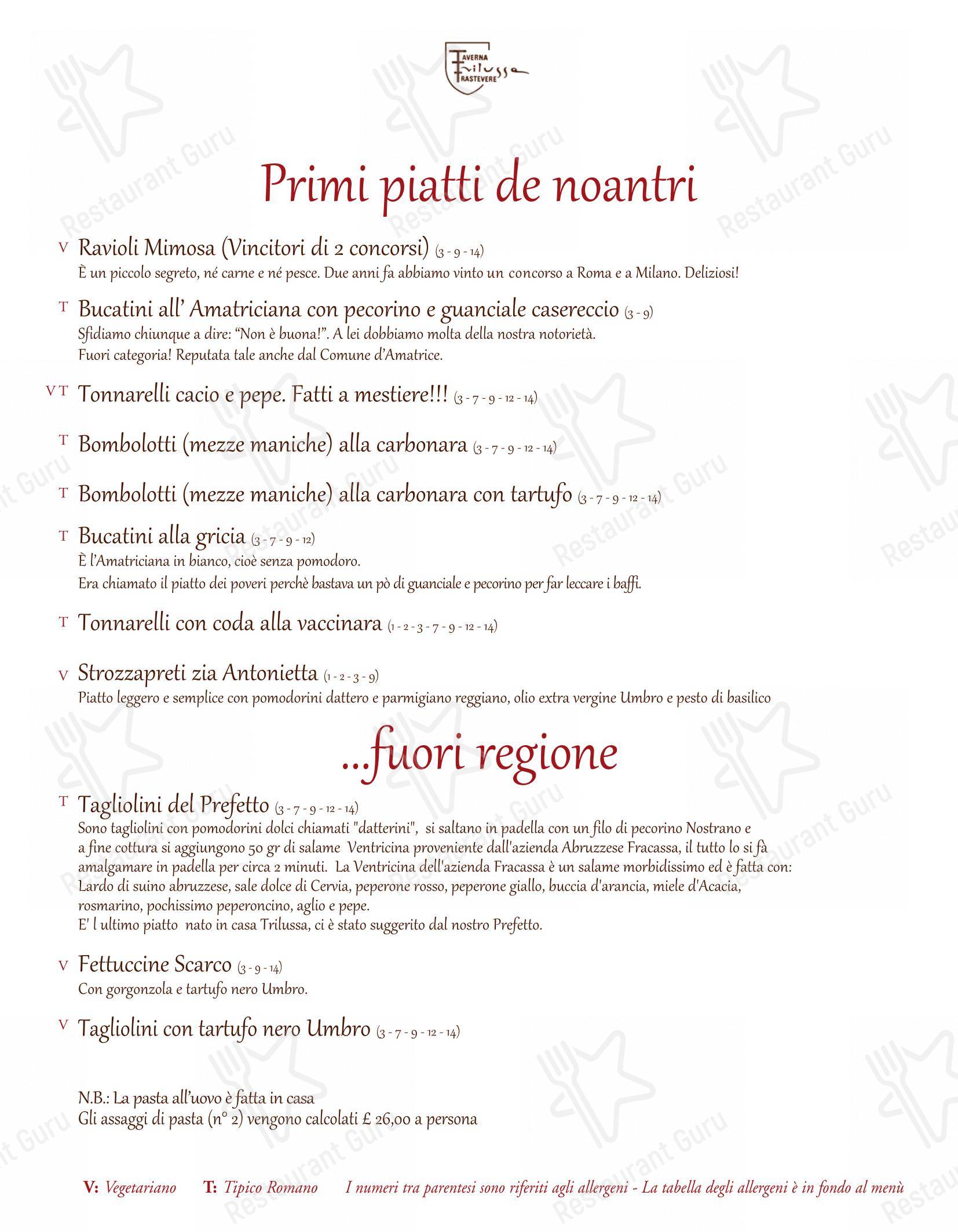 Menu bar pour Taverna Trilussa pub et bar