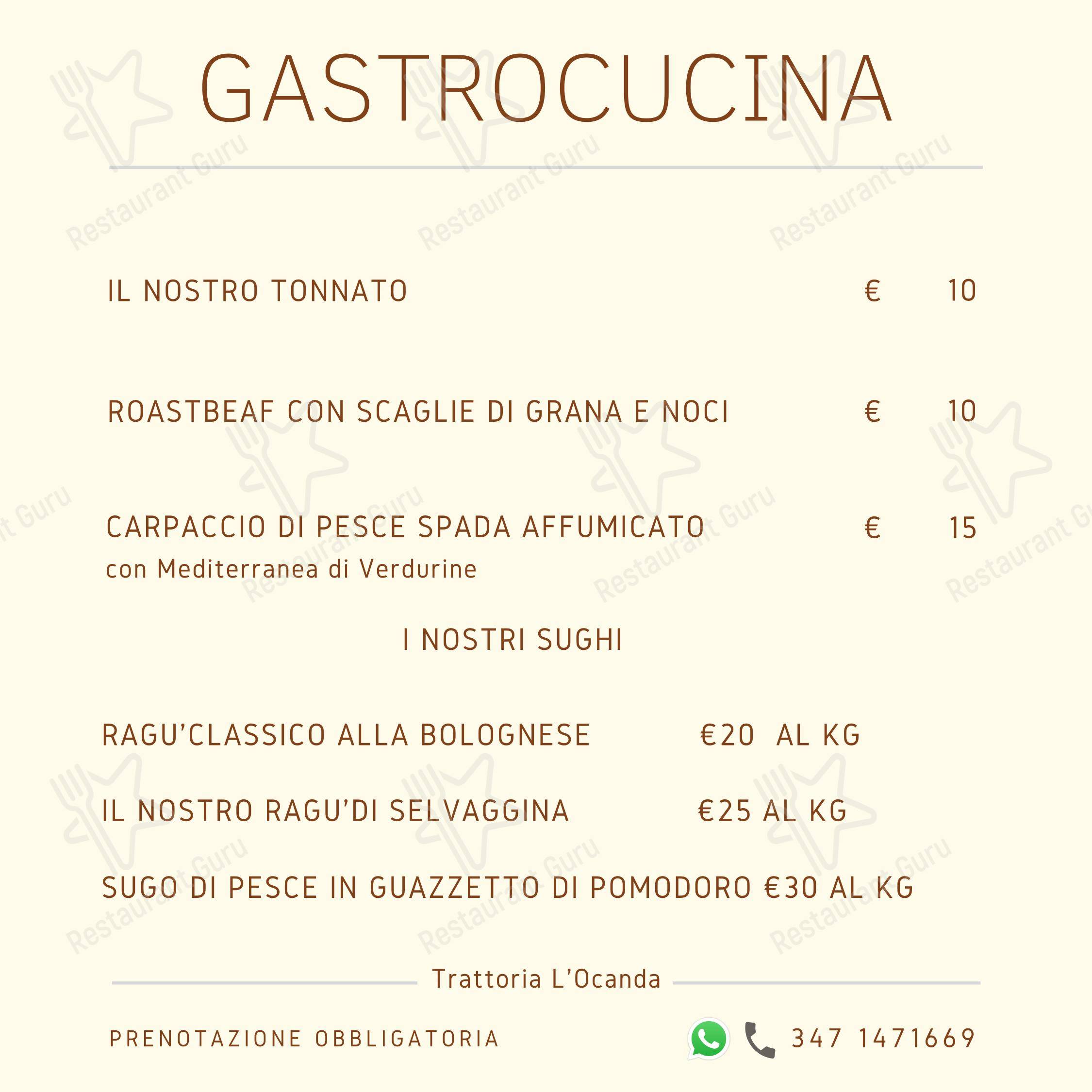 Menu bar per Trattoria L'Ocanda ristorante