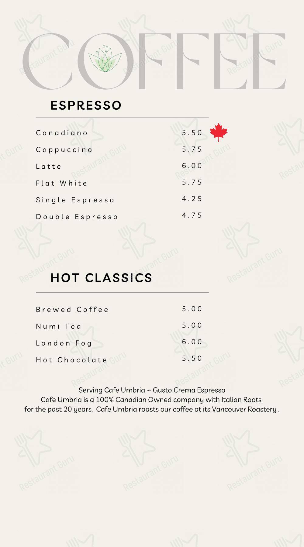 Menu pour University Club of Victoria - 菜单