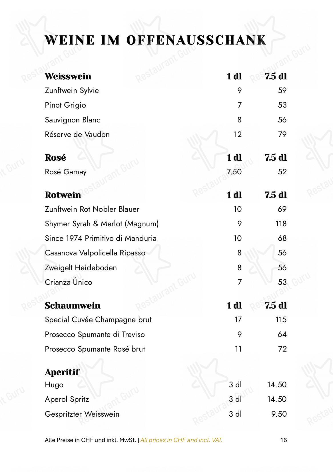Menu di Zum Königstuhl - Schweizer Restaurant in Zürich Niederdorf - Основное меню