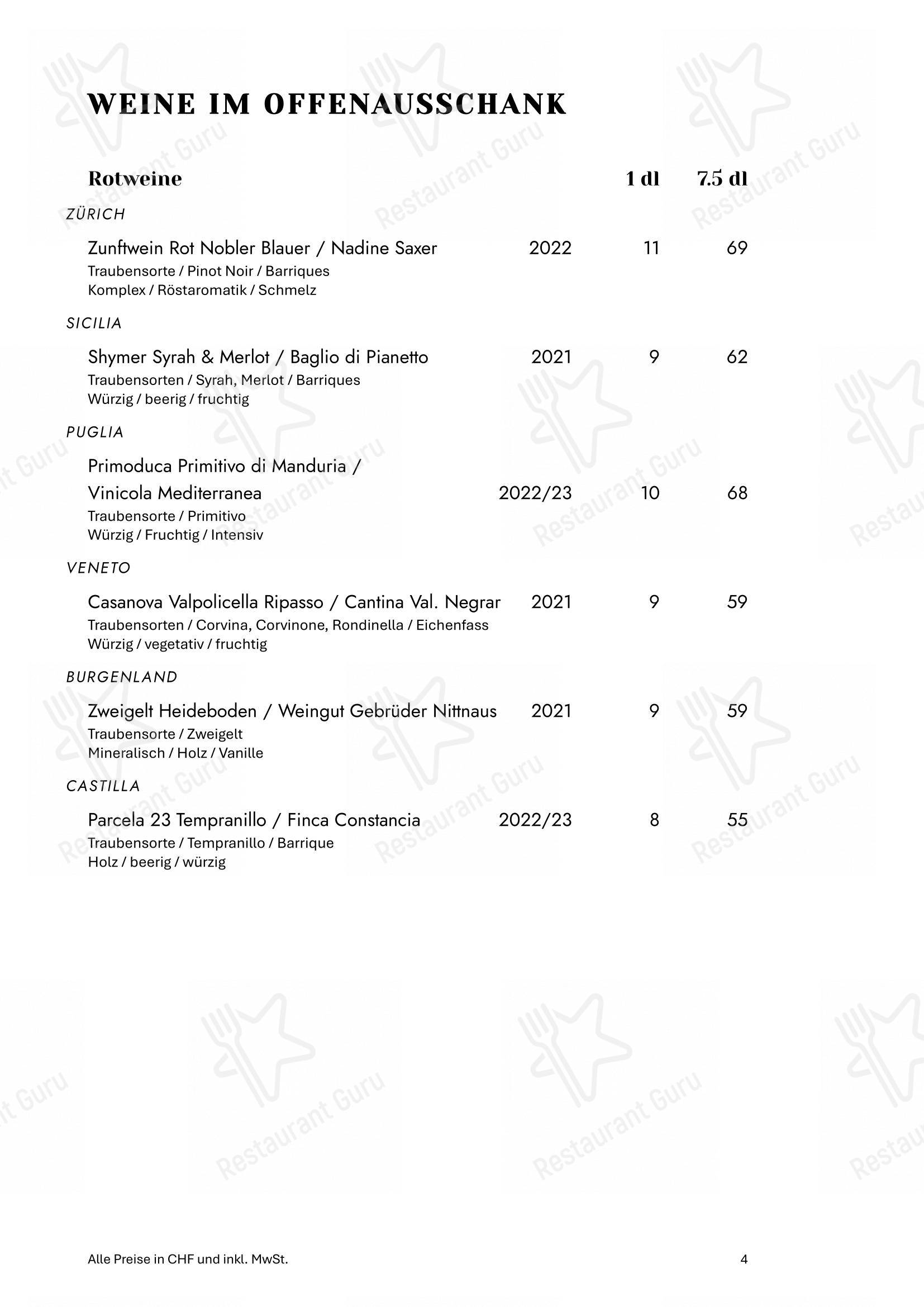 菜单 per Zum Königstuhl - Schweizer Restaurant in Zürich Niederdorf ristorante