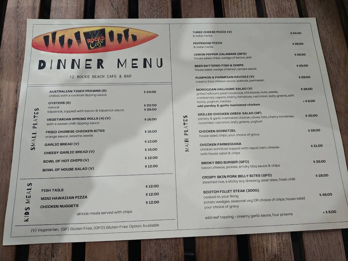 Menu at 12 Rocks Beach Bar Cafe, Port Campbell