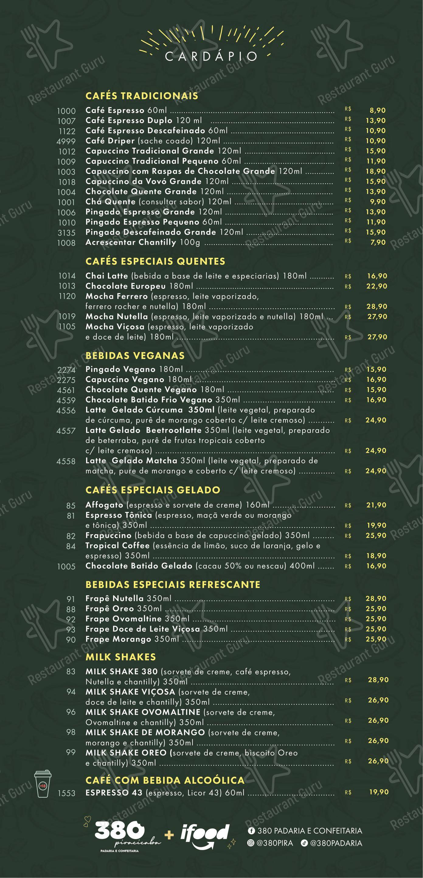 380 Padaria e Confeitaria - Piracicaba - Menu