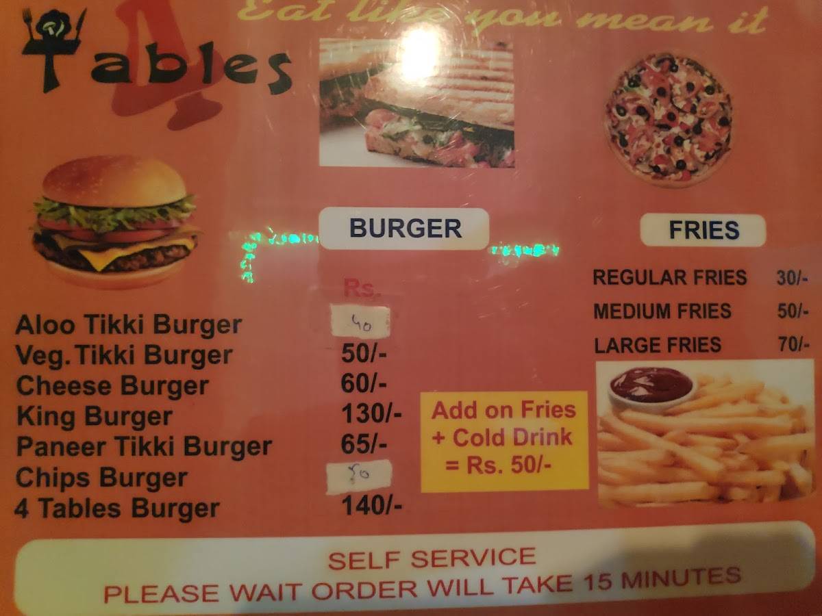 4 Tables - Best Pizza Restaurant in Malerkotla Best Fast Food Restaurant in Malerkotla Cafe in Malerkotla menu