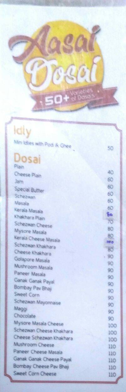 Aasai dosai menu