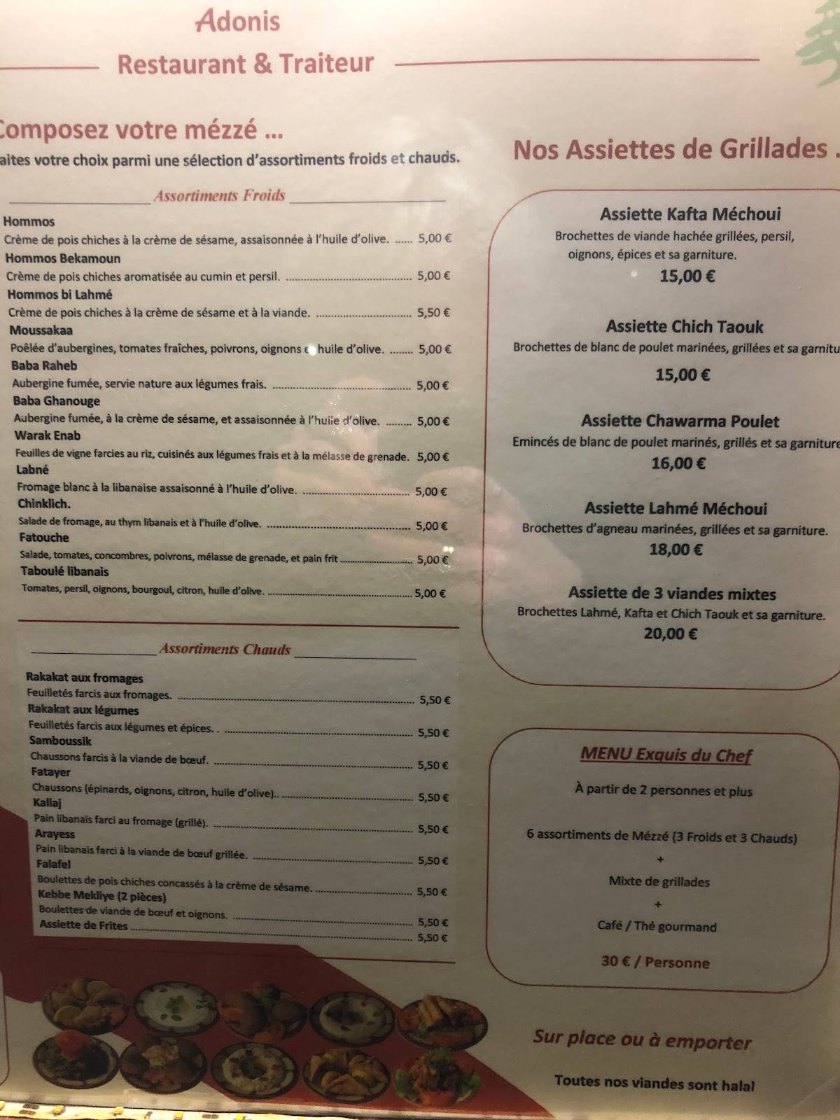 Menu de Restaurant et traiteur Libanais Adonis