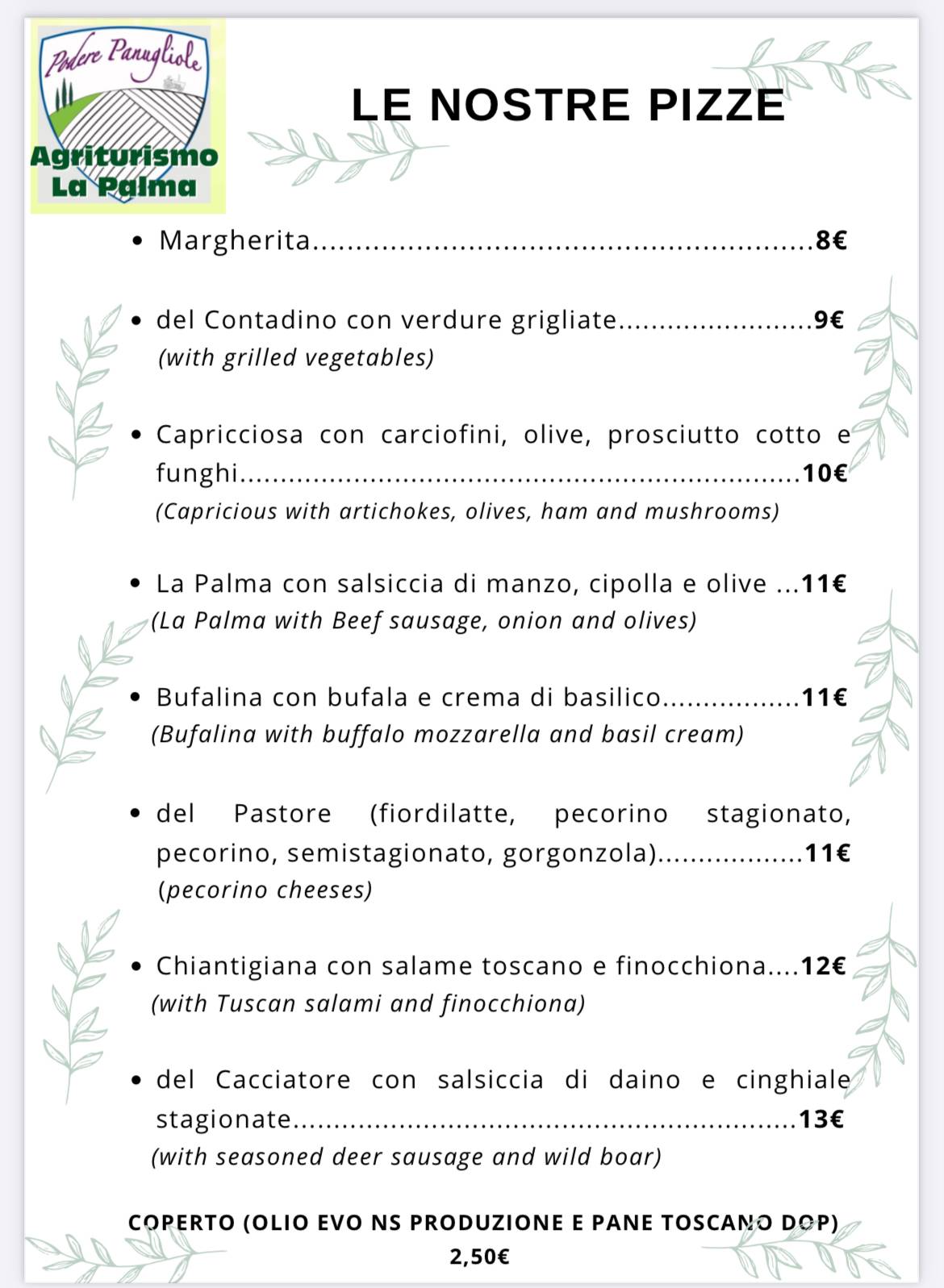 Menu di Agriturismo La Palma Ristorante Pernottamento 