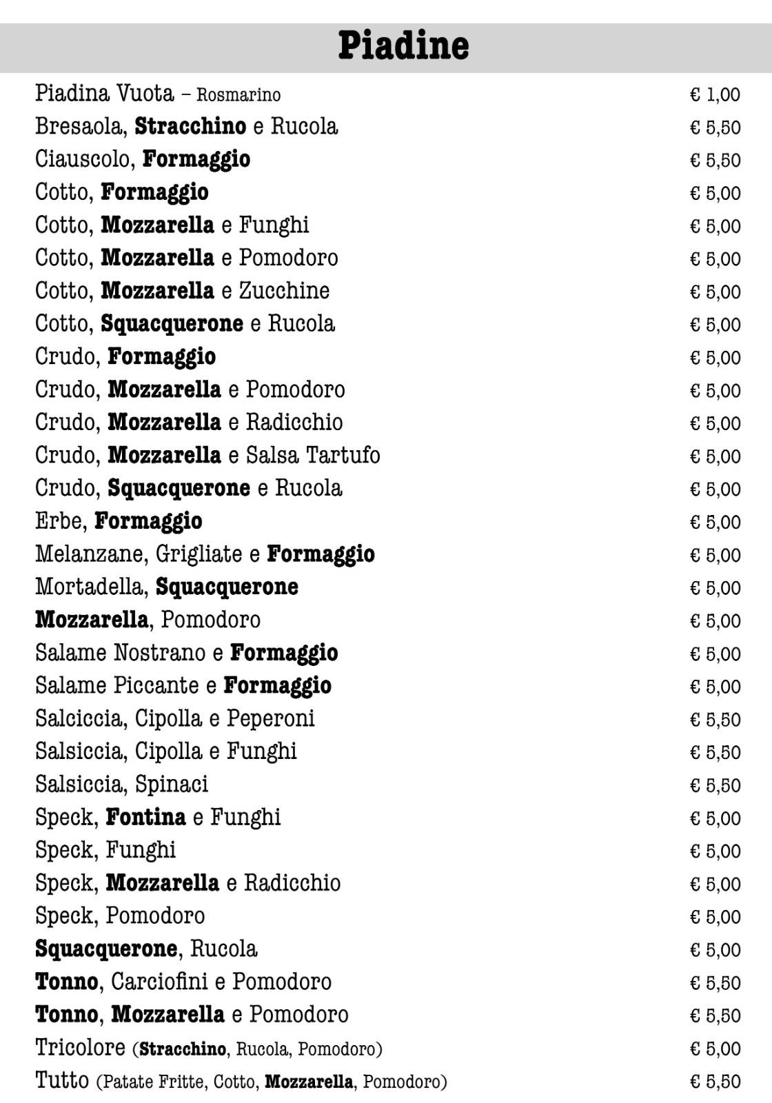 Menu di Al Casolare 
