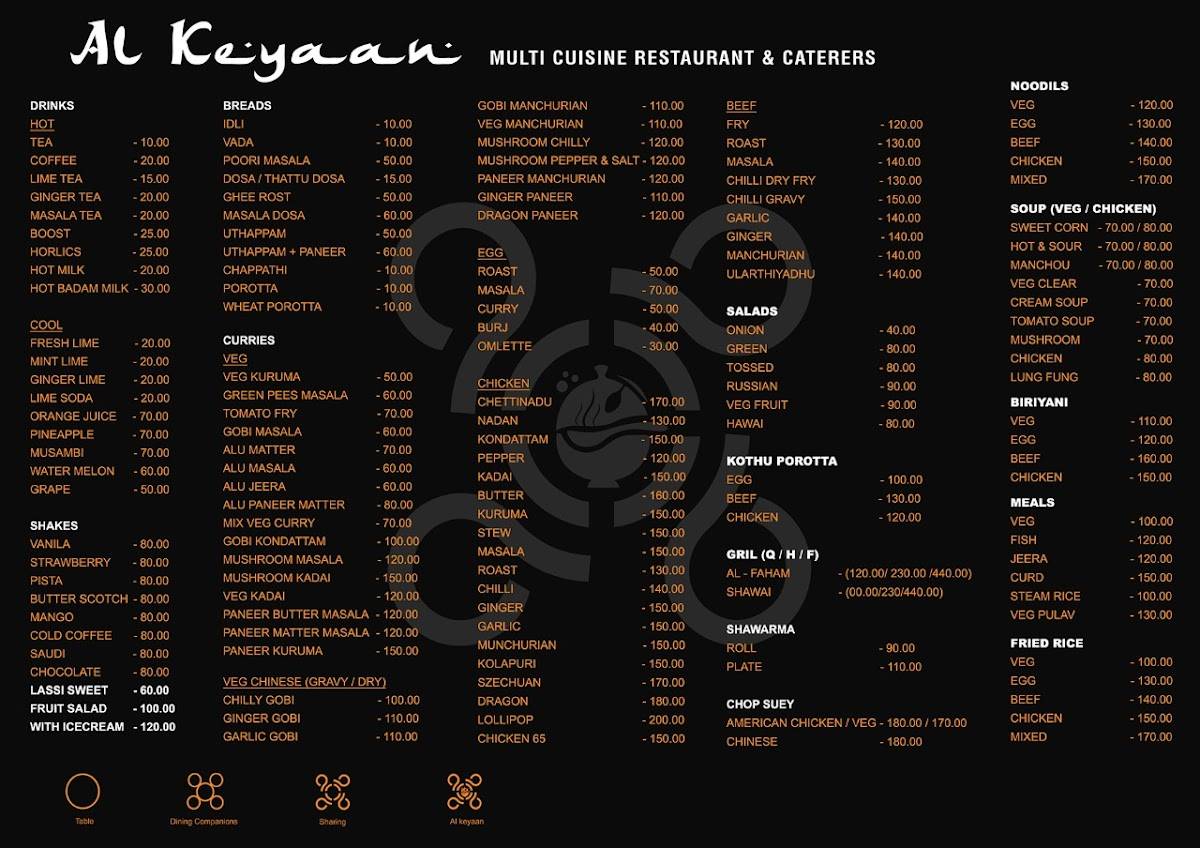 Al Keyaan's Restaurant and Caterers menu