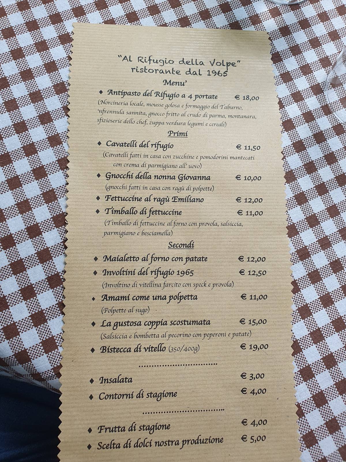 Menu di Al Rifugio della Volpe 