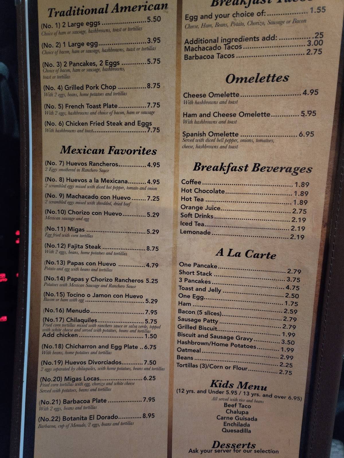 Menu at El Dorado Restaurant, Alamo